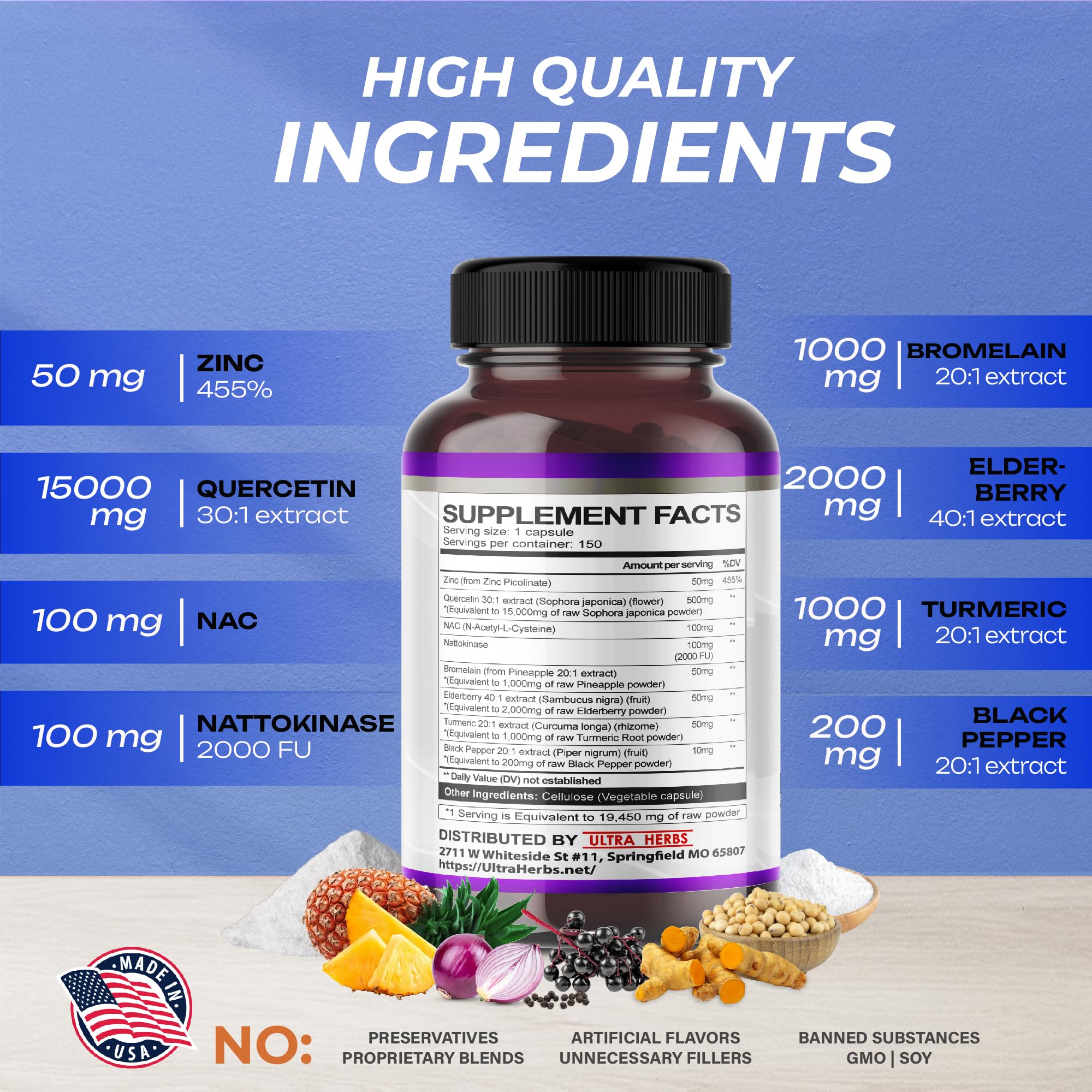 Quercetin 19,450mg 8 IN 1 with NAC, Nattokinase, Zinc, Bromelain, Elderberry, Turmeric ULTRA HERBS Au supplements