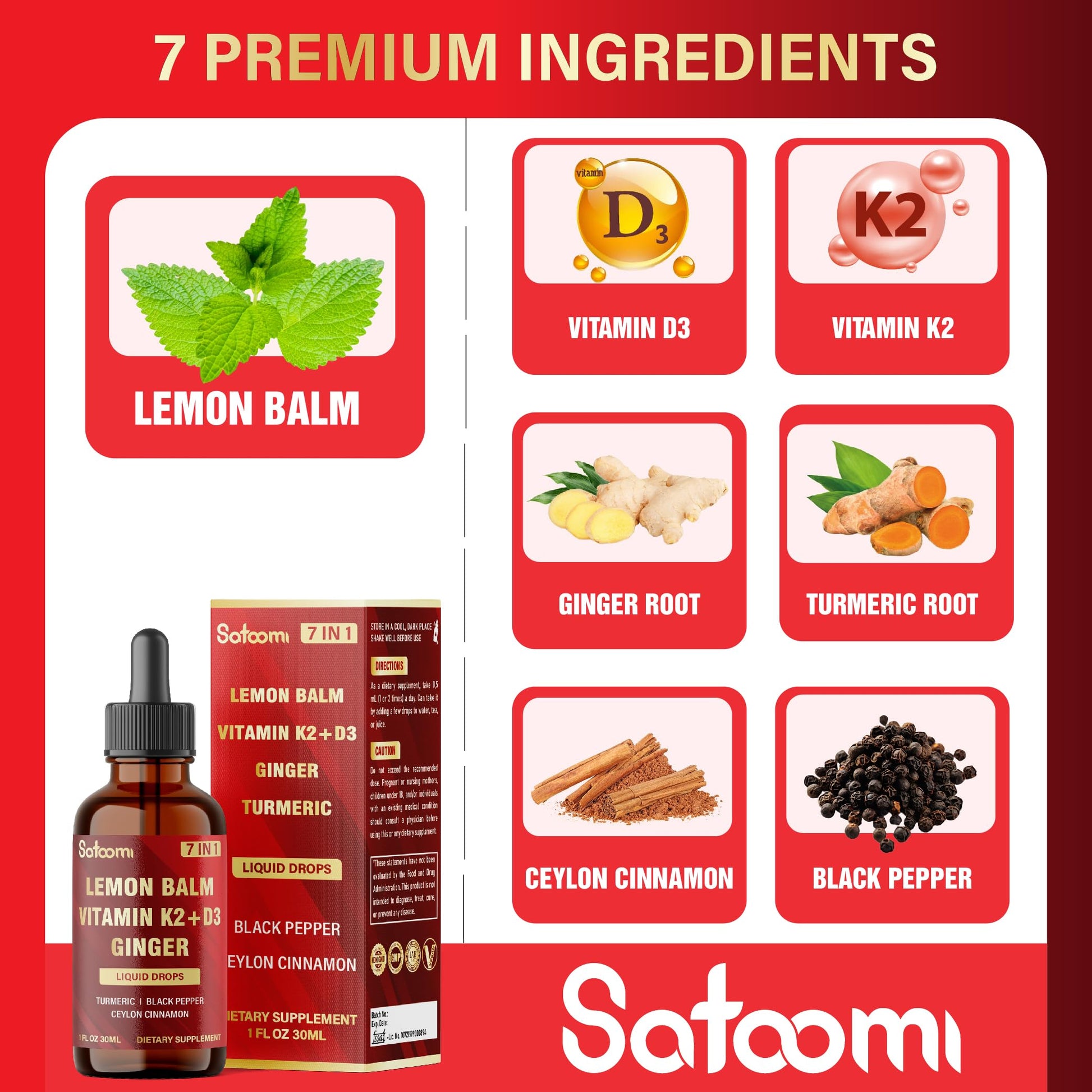 Satoomi 7in1 Lemon Balm Tincture with Vitamin D3, Vitamin K2, Ginger Root, Turmeric, Ceylon Cinnamon and Black Pepper - 1 FL Oz - 60 Day Supply Satoomi Au supplements