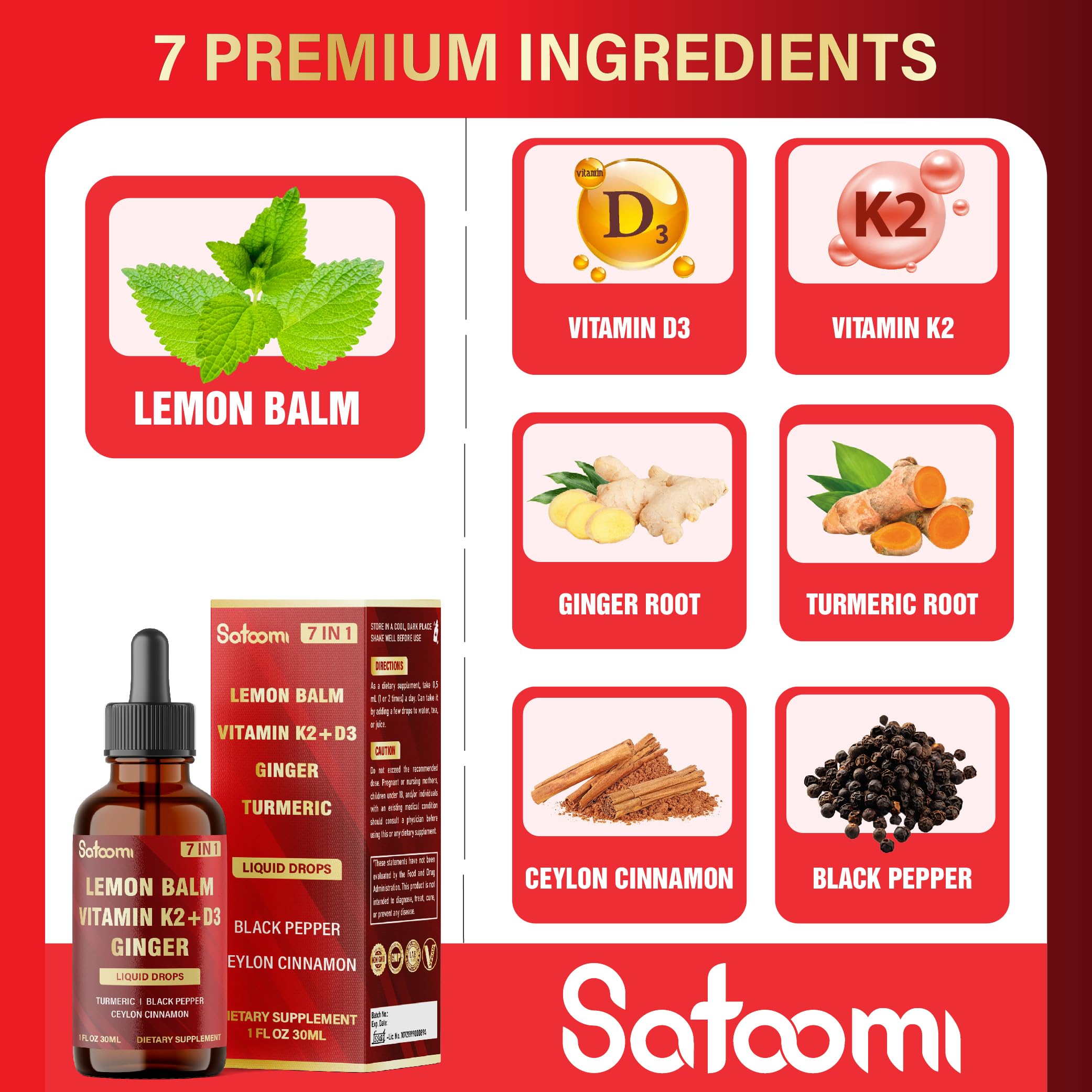 Satoomi 7in1 Lemon Balm Tincture with Vitamin D3, Vitamin K2, Ginger Root, Turmeric, Ceylon Cinnamon and Black Pepper - 1 FL Oz - 60 Day Supply Satoomi Au supplements