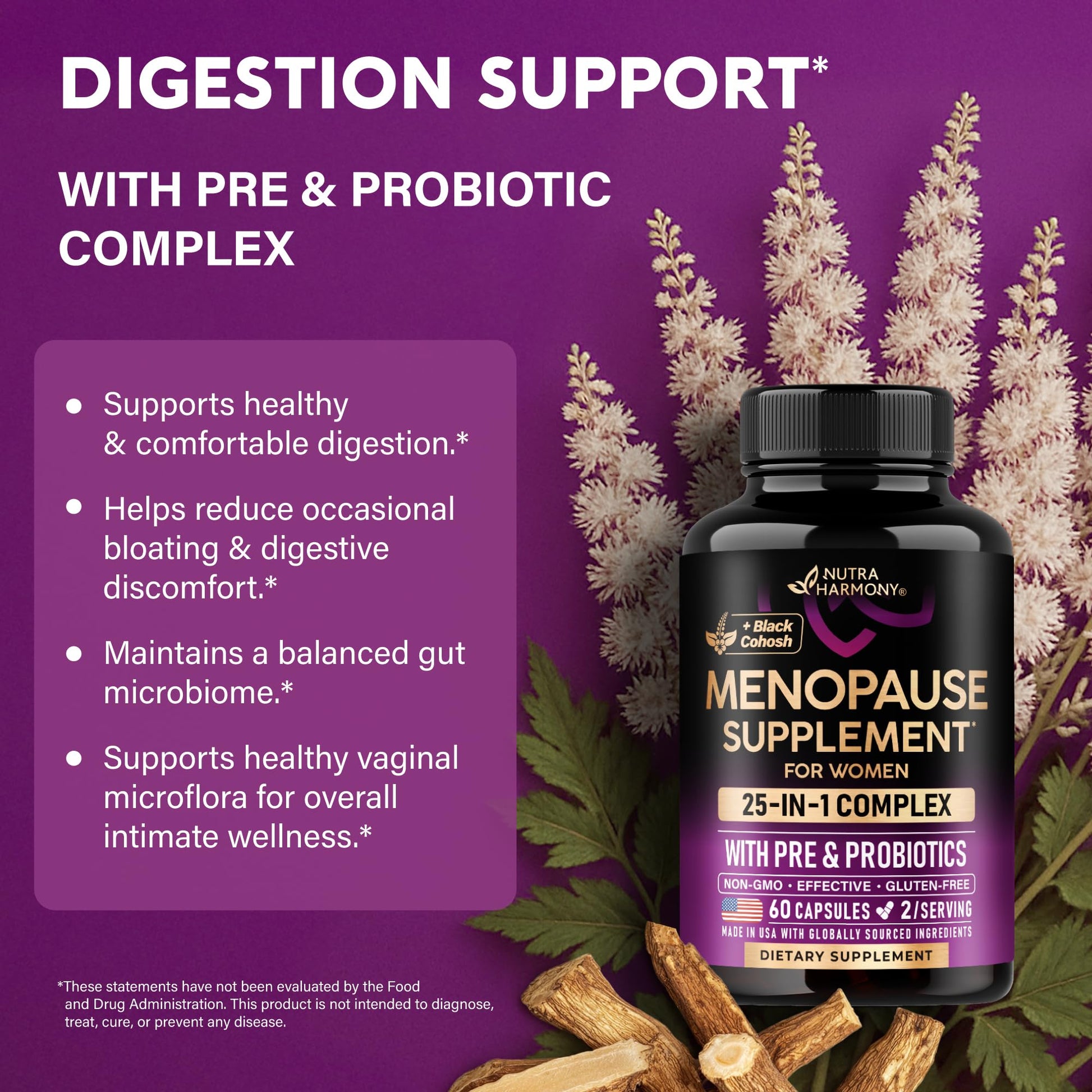 Menopause Supplements for Women - Dong Quai, Black Cohosh, Pre & Probiotics - Sweats & Hot Flashes Relief - Digestion, Sleep & Mood Support - 25-in-1 Perimenopause Complex - Made in USA - 60 Capsules NUTRAHARMONY Au supplements