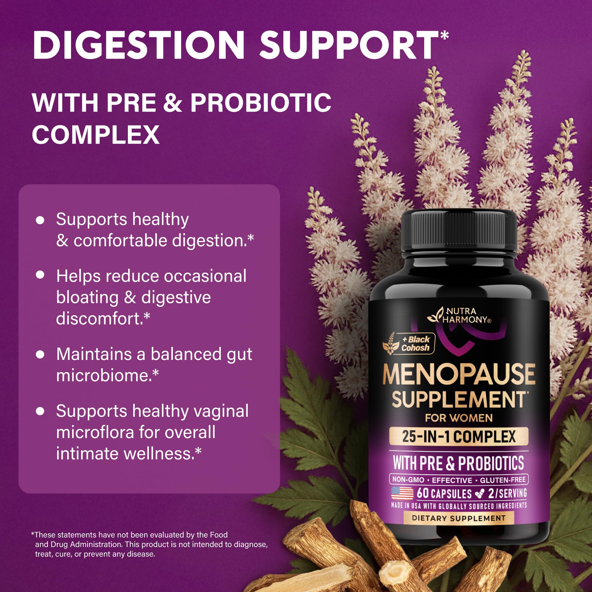Menopause Supplements for Women - Dong Quai, Black Cohosh, Pre & Probiotics - Sweats & Hot Flashes Relief - Digestion, Sleep & Mood Support - 25-in-1 Perimenopause Complex - Made in USA - 60 Capsules NUTRAHARMONY Au supplements