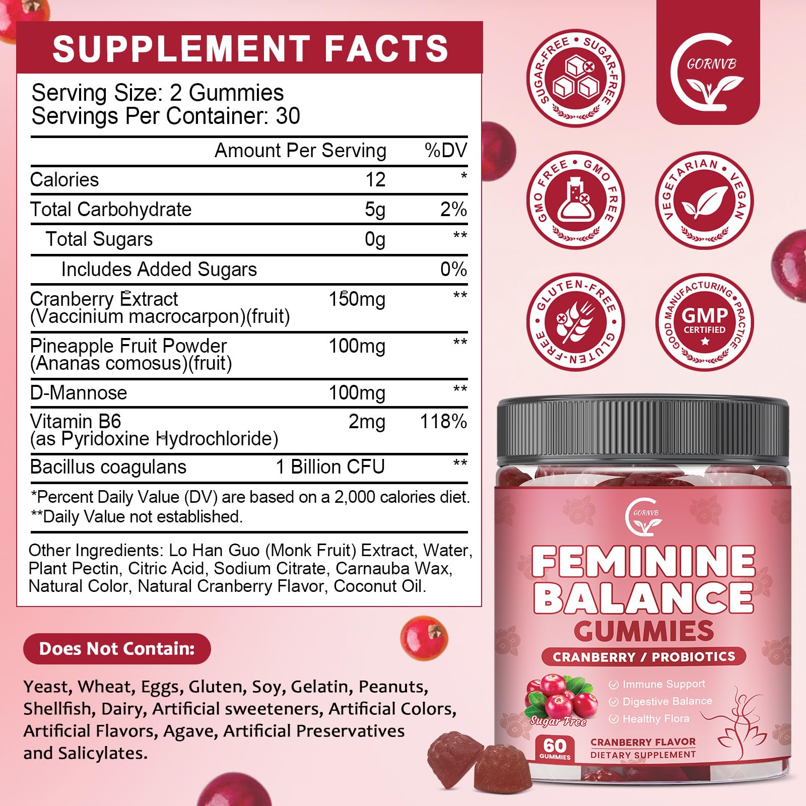 GORNVB Premium Feminine Balance Gummies for Women, Support pH Balance & Vaginal Probiotics Health Gummies with Cranberry Pineapple Powder, D-Mannose, Sugar Free, Gluten Free, Vegan GORNVB Au supplements