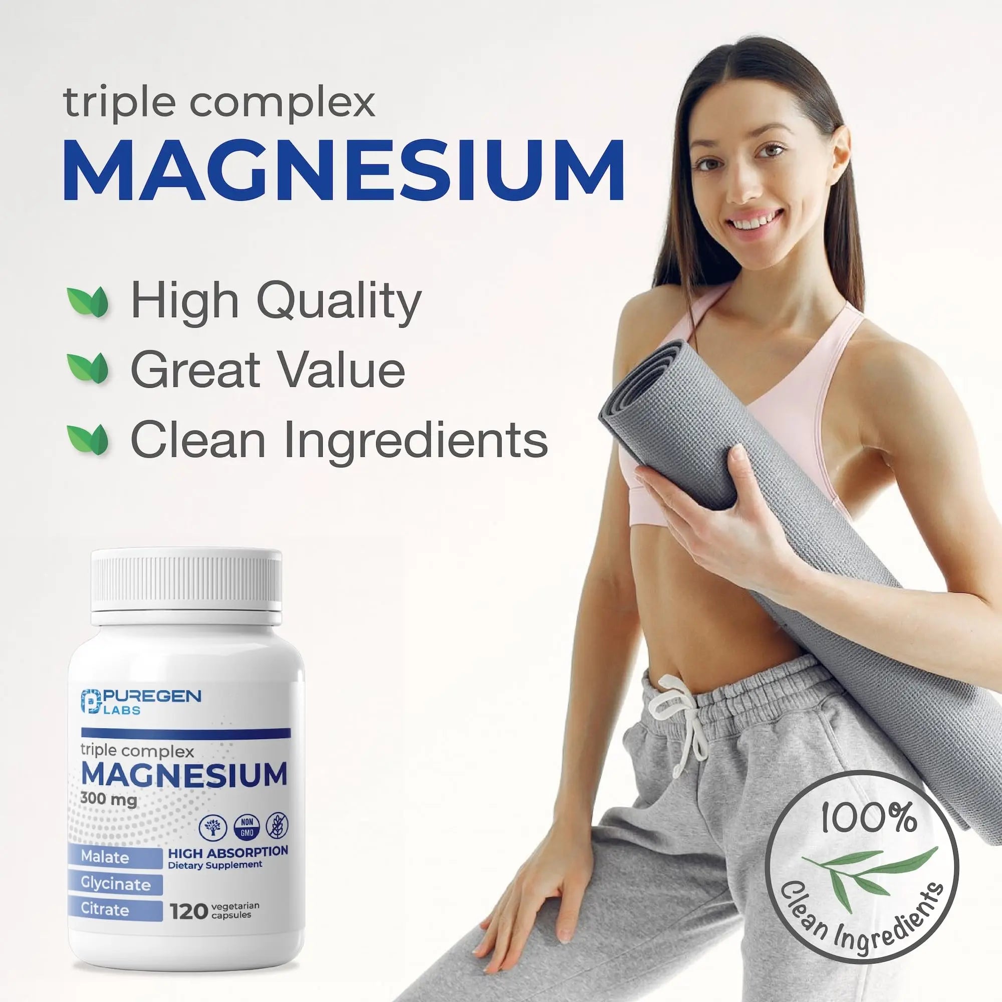 Puregen Labs Triple Magnesium Complex 300mg of Magnesium Glycinate, Malate, & Citrate [High Absorption] 120 Veg Capsules | No Harmful Additives | Non-GMO, NO Gluten and Dairy P Puregen Labs Au supplements