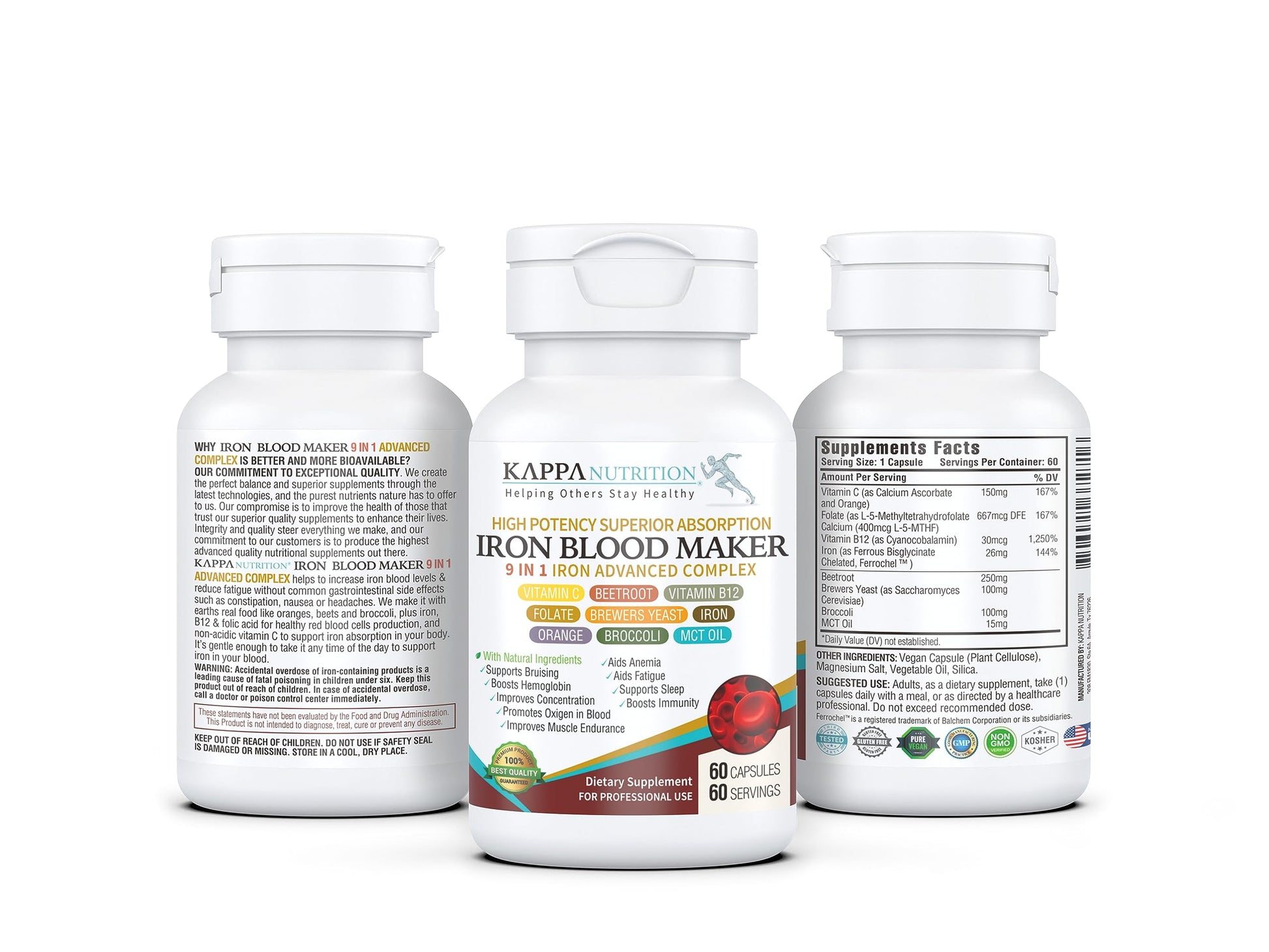 KAPPA NUTRITION Iron 26mg, Vitamin C & Orange 150mg, Folate 667mcg DFE, Vitamin B12, Beetroot, Brewers Yeast, Broccoli & MCT Oil 9 in 1 Advanced Complex (60 Capsules) KAPPA NUTRITION Au supplements