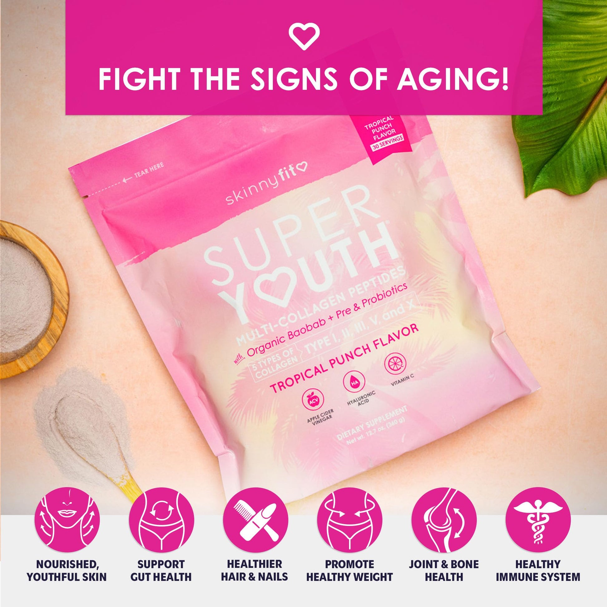 SkinnyFit Super Youth Tropical Punch Multi-Collagen Peptides + Probiotics, Baobab Fiber SkinnyFit Au supplements