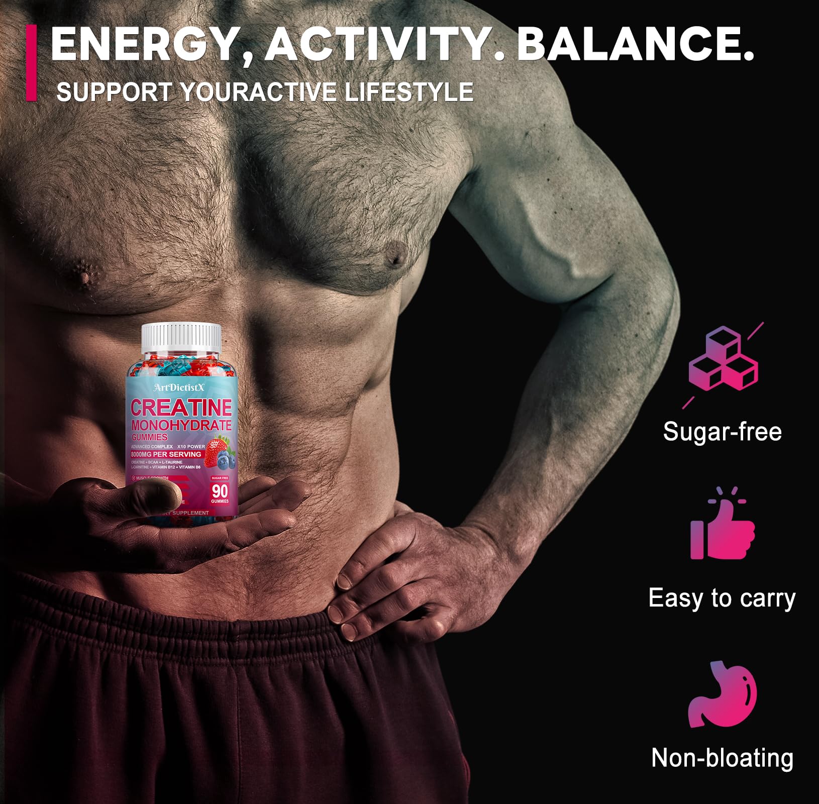 Creatine Monohydrate 8000mg Gummies with BCAA, L-Carnitine, Taurine & Vitamin B12 - Pre Workout Supplement for Muscle Growth, Strength & Energy, Multi-Flavor Chewable Gummies, 90 Count for Men & Women ArtDietistX Au supplements
