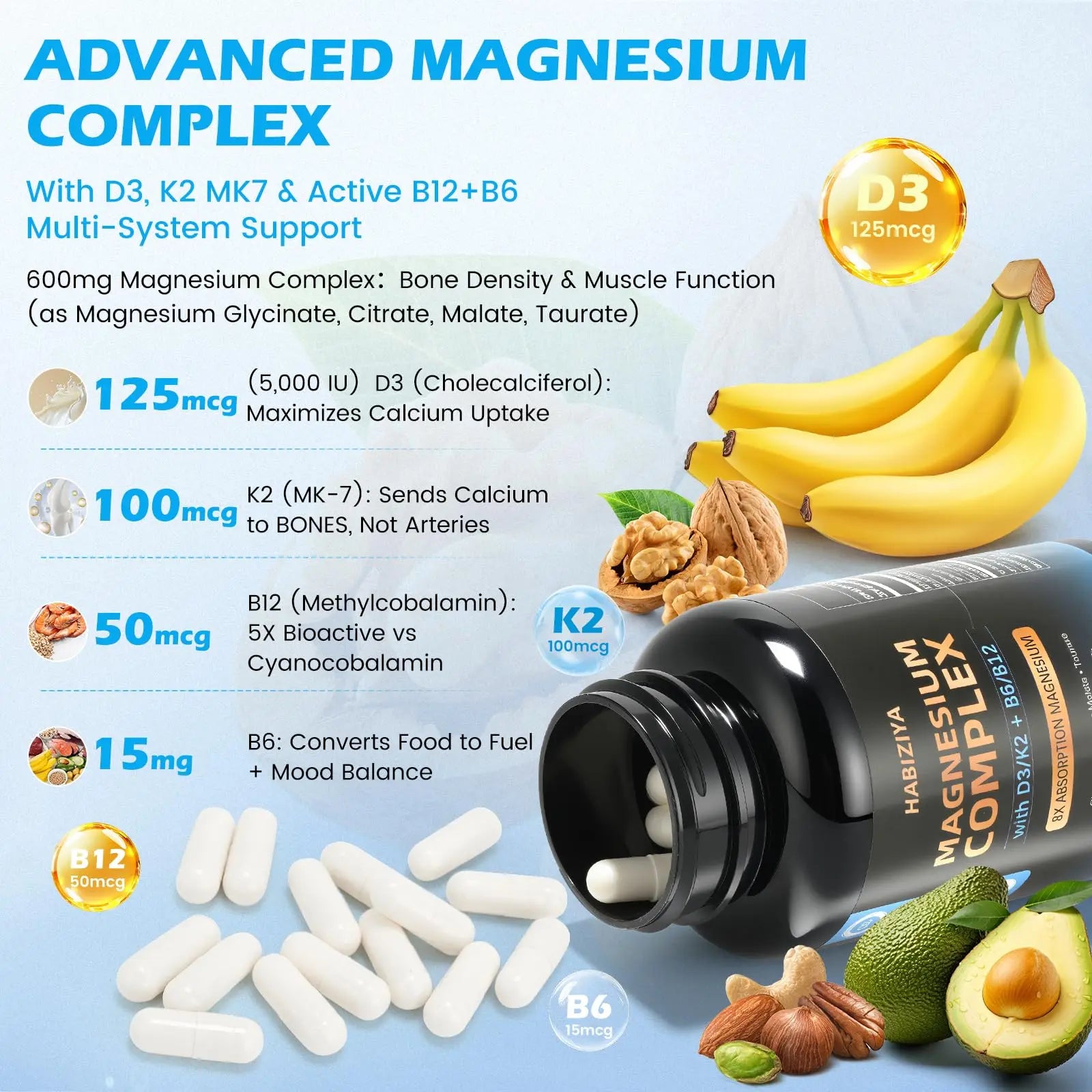 Magnesium Complex Supplement 600mg with with D3 K2 MK7 & B Vitamins High Absorption Capsules with Glycinate, Citrate & Malate,Taurate Relaxation,Muscle,Heart Support, Vegan 120 Capsules HABIZIYA Au supplements