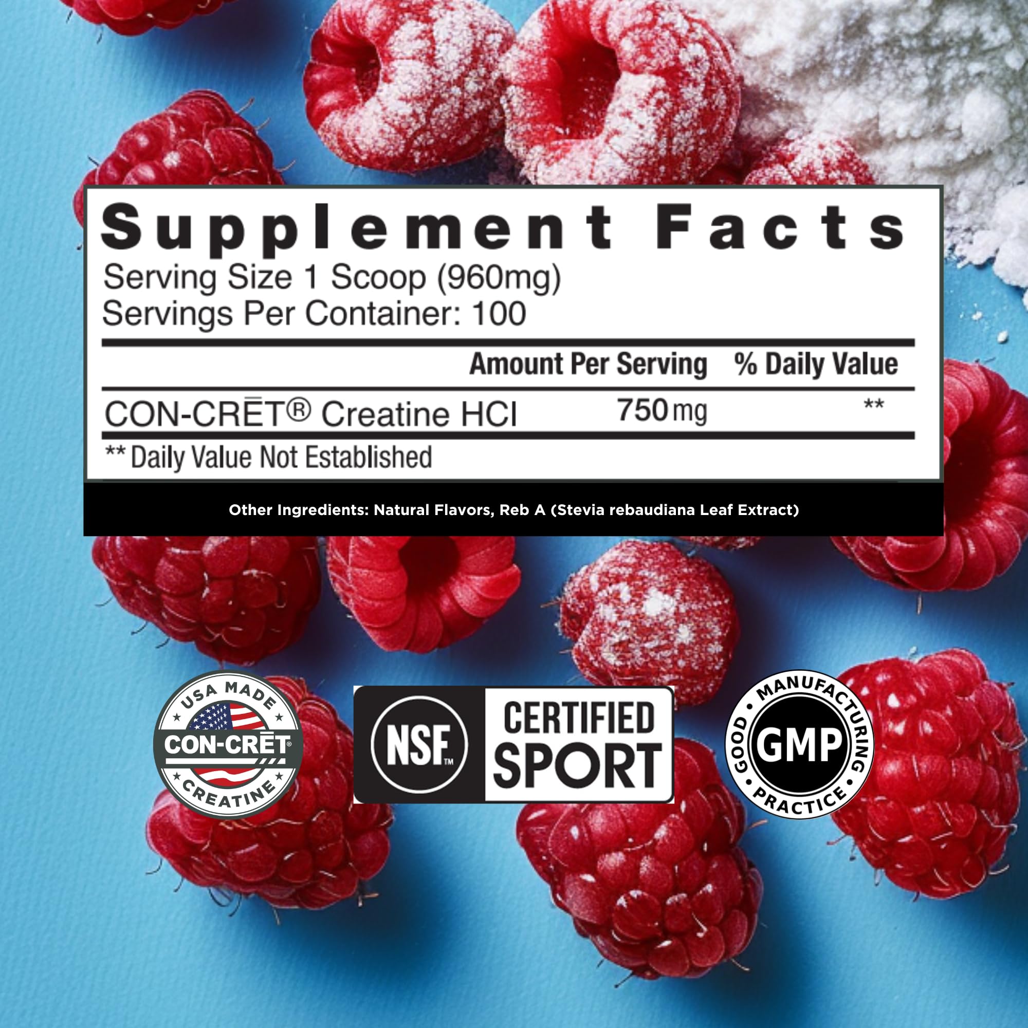 CON-CRET Creatine HCl Powder | Muscle, Cognitive, Cellular Energy Support | No Bloating or Cramps | USA Made & NSF Certified | Raspberry (100 Serving) CON-CRET Au supplements