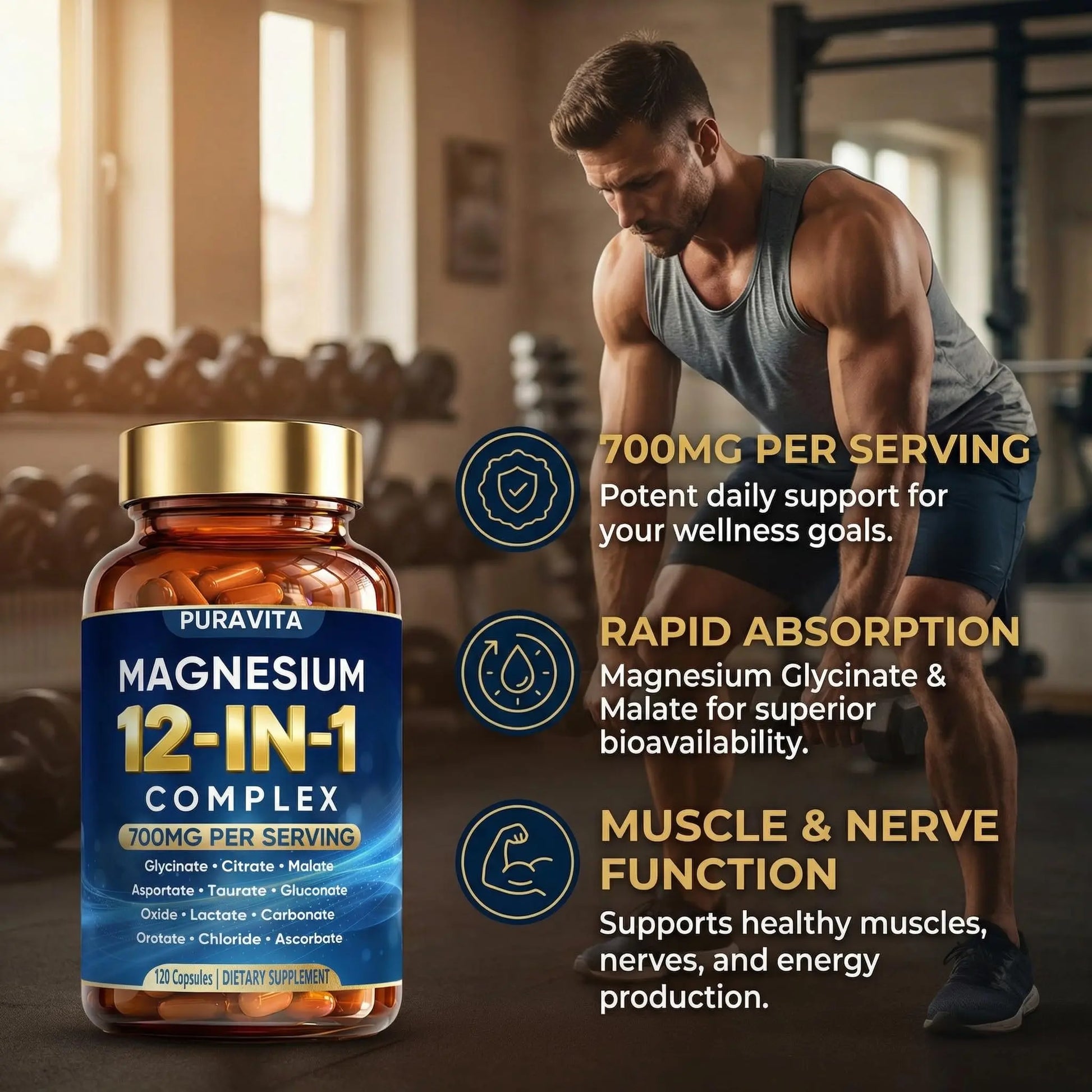 Puravita 12 in 1 Magnesium Complex Capsules - 700mg High Absorption Blend with Glycinate, Citrate, Malate, Oxide & Taurate. Supports Muscle Function, Nerve Health & Relaxation - 120 Capsules (1) PURAVITA Au supplements