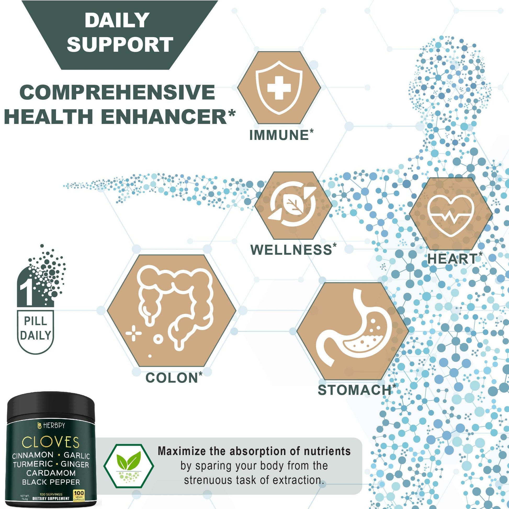 Herbpy 7in1 Clove Supplement Rich in Vitamins & Minerals Supports Digestion, Immune & Heart Health with Cinnamon, Turmeric, Ginger, Cardamom, Garlic & Black Pepper - 100 Vegan Capsules Herbpy Au supplements