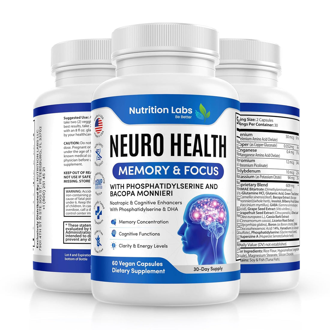 Nootropic & Neuro Brain Supplement for Memory & Focus Support. Clinically Tested Vitamins for Mental Support & Cognitive Clarity W/Bacopa Monnieri, VIT A, B6, Riboflavin, Niacin, Thiamin & Folate NUTRITION LABS BE BETTER Au supplements