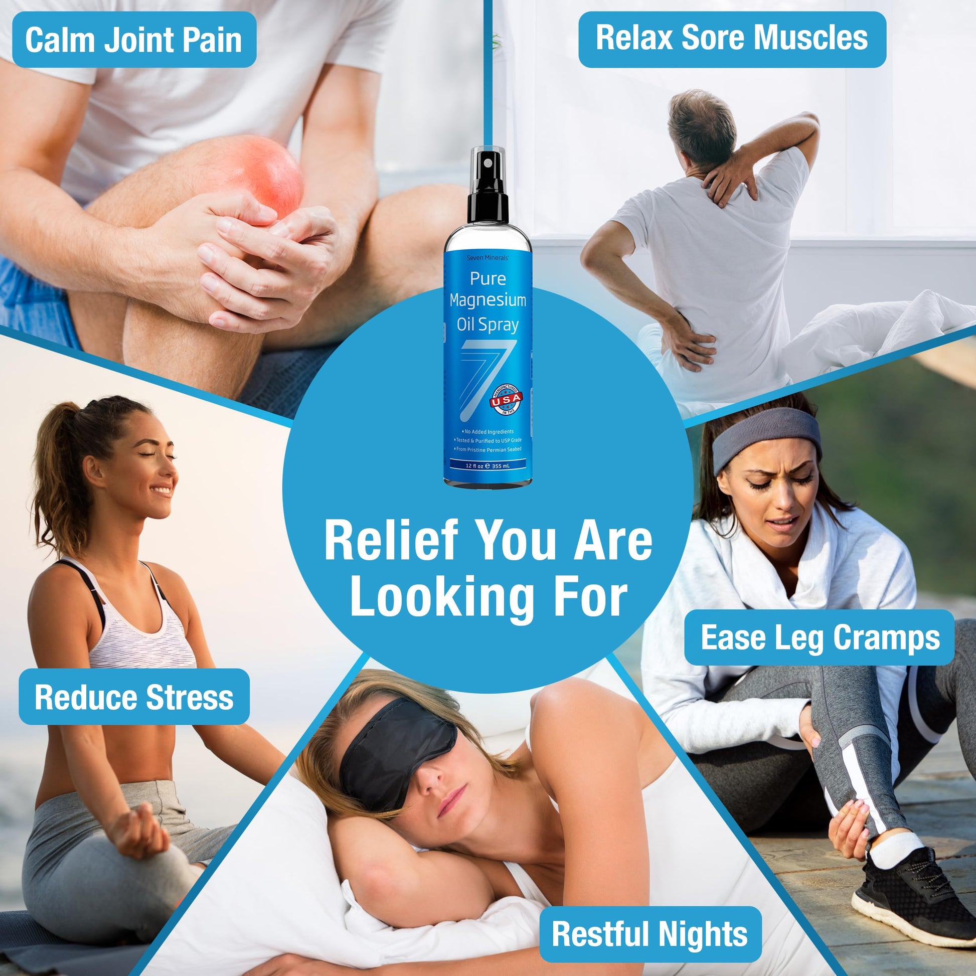 Seven Minerals Pure Magnesium Oil Spray, Big 12oz, USP Grade, Extra Strength, for Feet, Sleep, Muscle Pain & Cramps - Mined in The USA Seven Minerals Au supplements