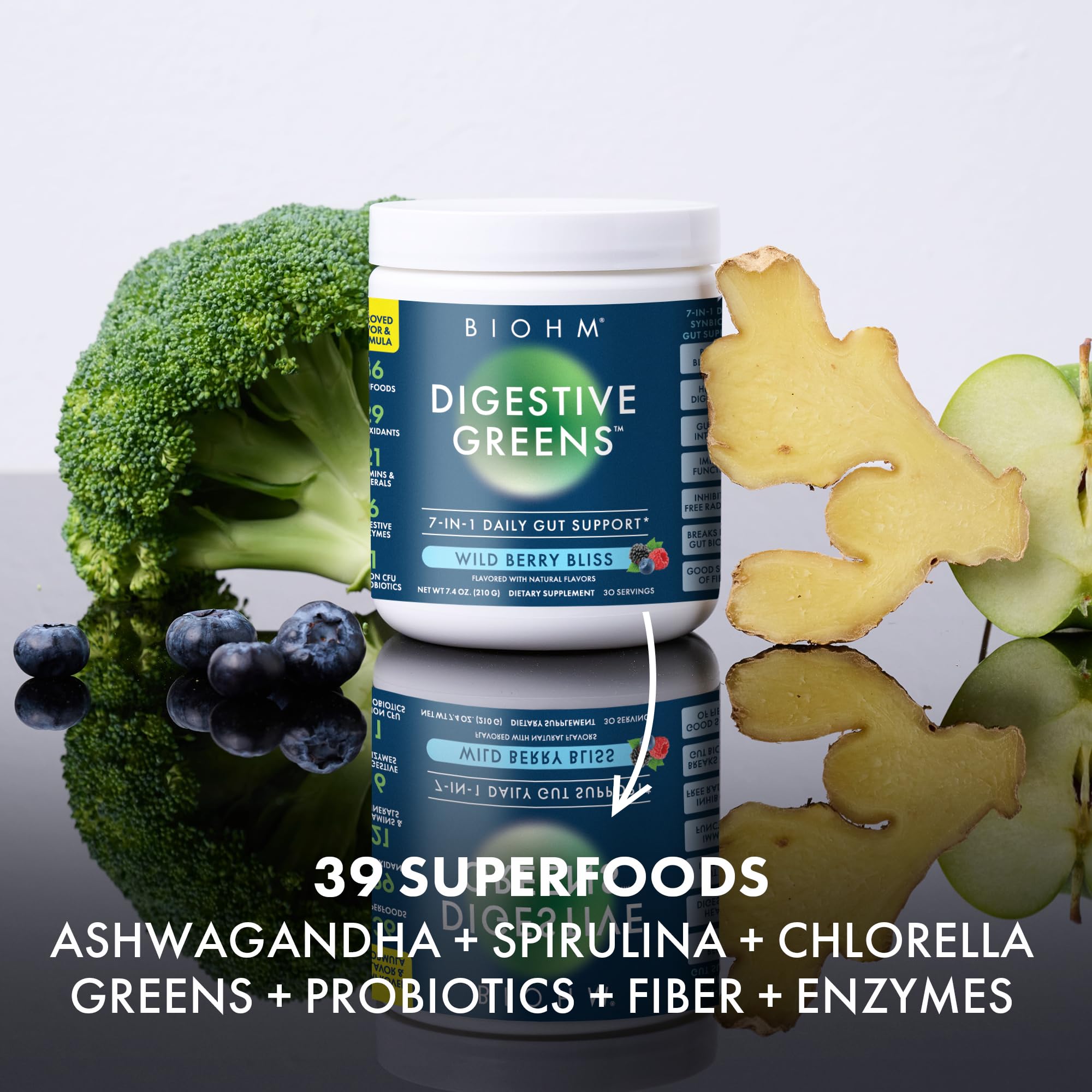 BIOHM Digestive Greens, Green Superfood Powder (7.4 Oz, 30 Servings) Immune & Gut Health Support with Antioxidants, Vitamins, Probiotics & Enzymes, Good Source of Fiber, Berry Flavor BIOHM Au supplements