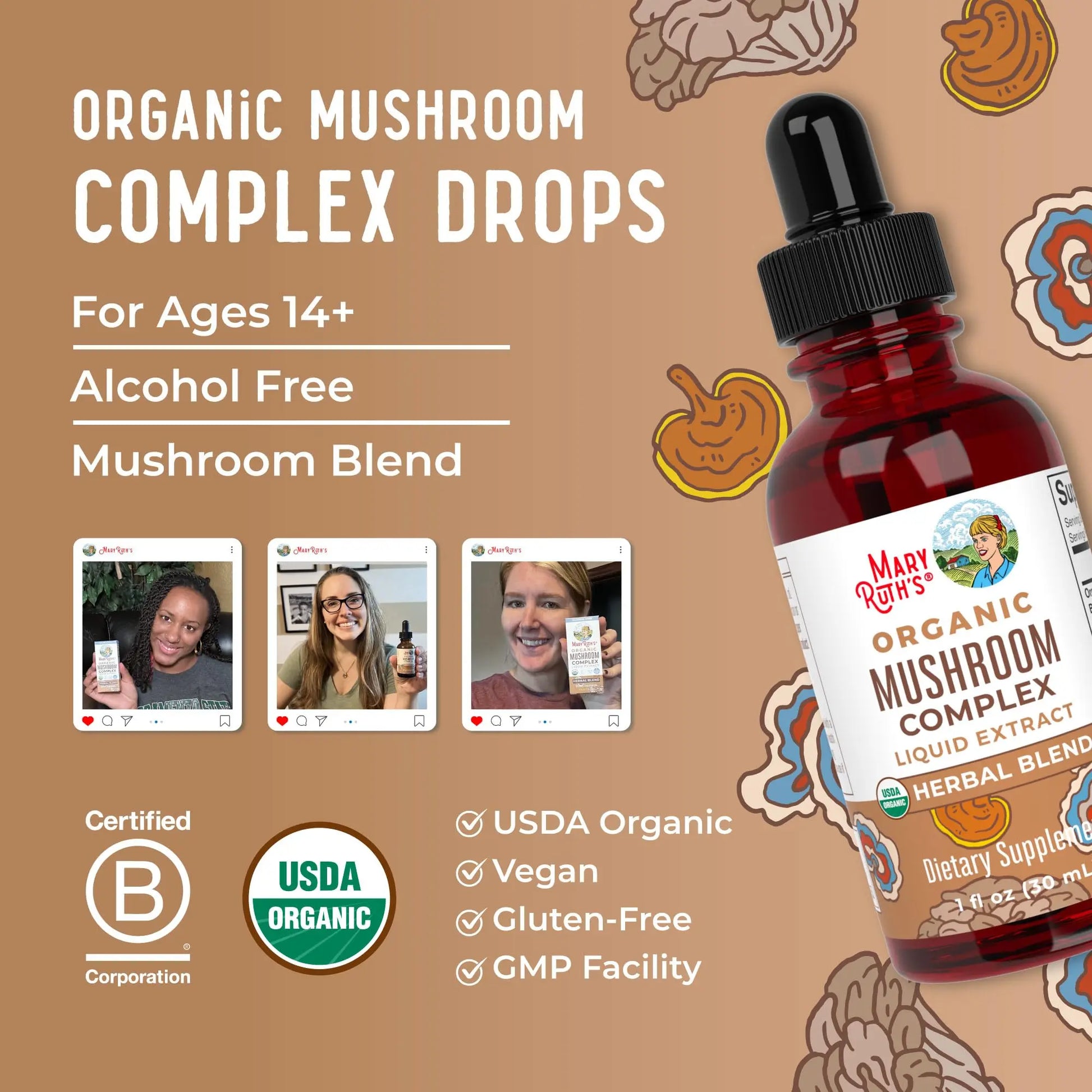 MaryRuth's Mushroom Complex | Lion's Mane | Turkey Tail | Reishi Mushroom | Shiitake Mushrooms | Alcohol Free | Mushroom Blend | Organic | Non-GMO | Vegan | 30 Servings MARYRUTH'S Au supplements