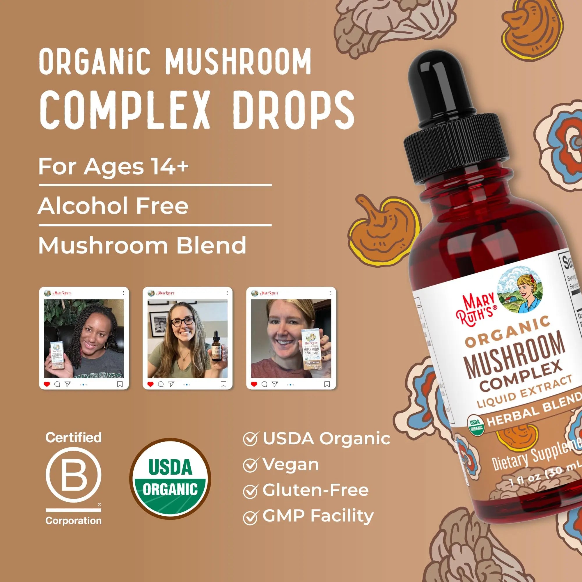 MaryRuth's Mushroom Complex | Lion's Mane | Turkey Tail | Reishi Mushroom | Shiitake Mushrooms | Alcohol Free | Mushroom Blend | Organic | Non-GMO | Vegan | 30 Servings MARYRUTH'S Au supplements