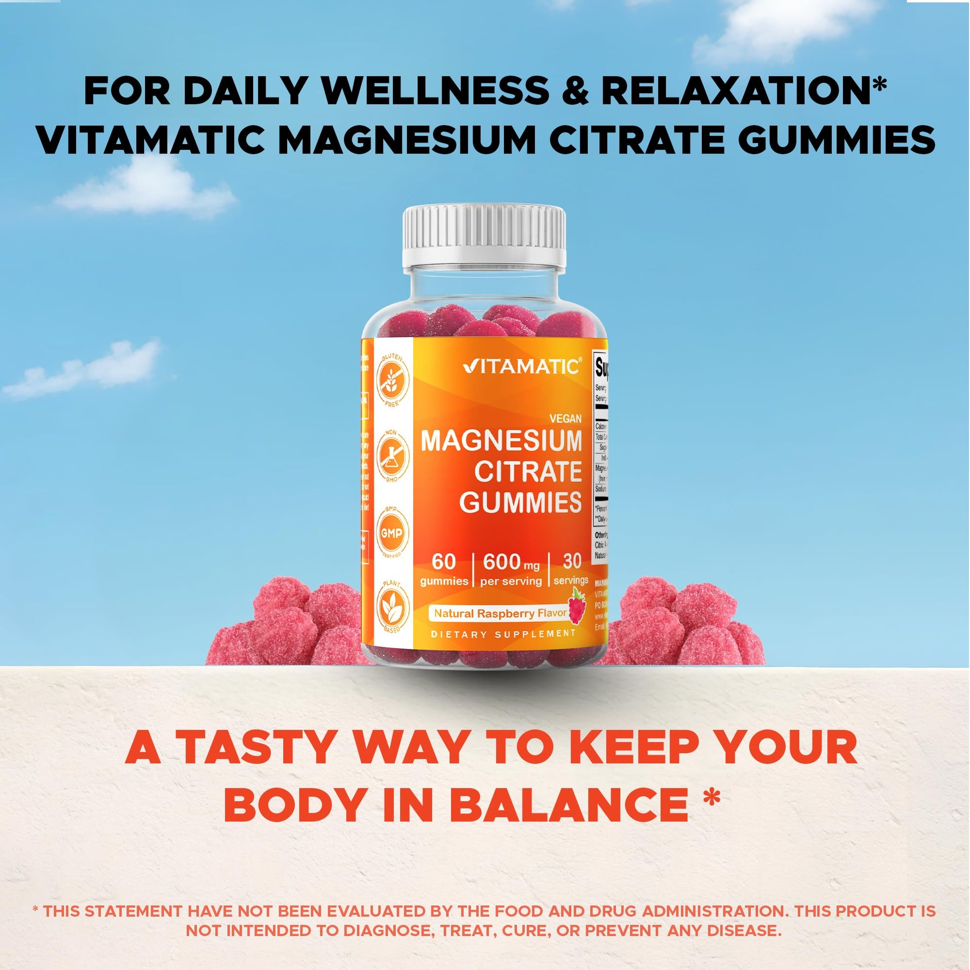 Vitamatic Magnesium Gummies 600mg per Serving – 60 Vegan Count for Relaxation, Muscle, Bone, and Energy Support Vitamatic Au supplements