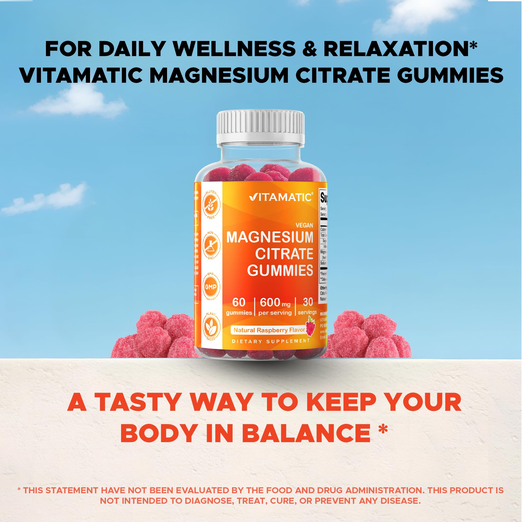 Vitamatic Magnesium Gummies 600mg per Serving – 60 Vegan Count for Relaxation, Muscle, Bone, and Energy Support Vitamatic Au supplements