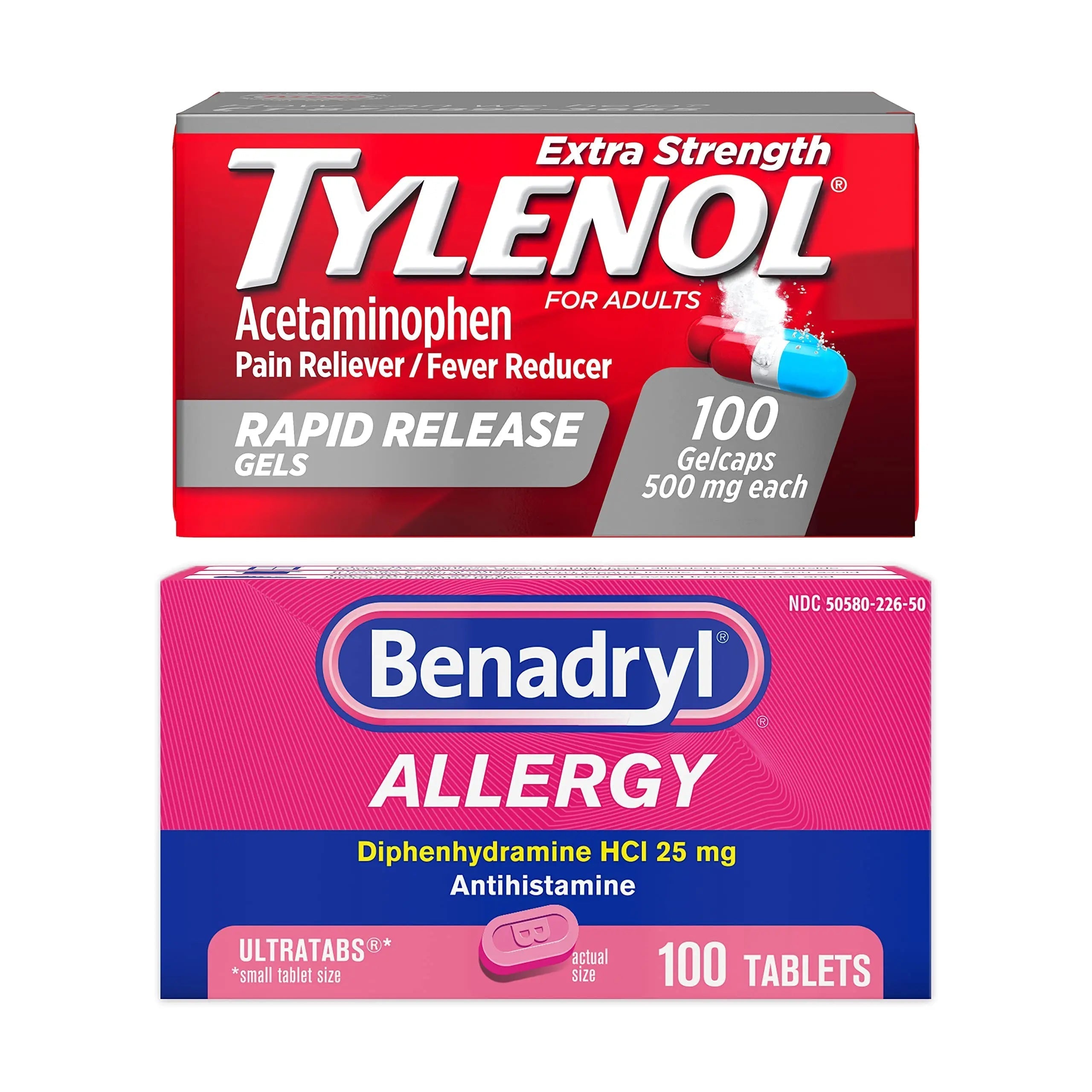 Benadryl Ultratabs Antihistamine Allergy Relief Tablets with 25 mg Diphenhydramine HCl, 100 ct and Tylenol Extra Strength Pain Reliever Rapid Release Gels with 500 mg Acetaminophen, 100 ct Tylenol Au supplements