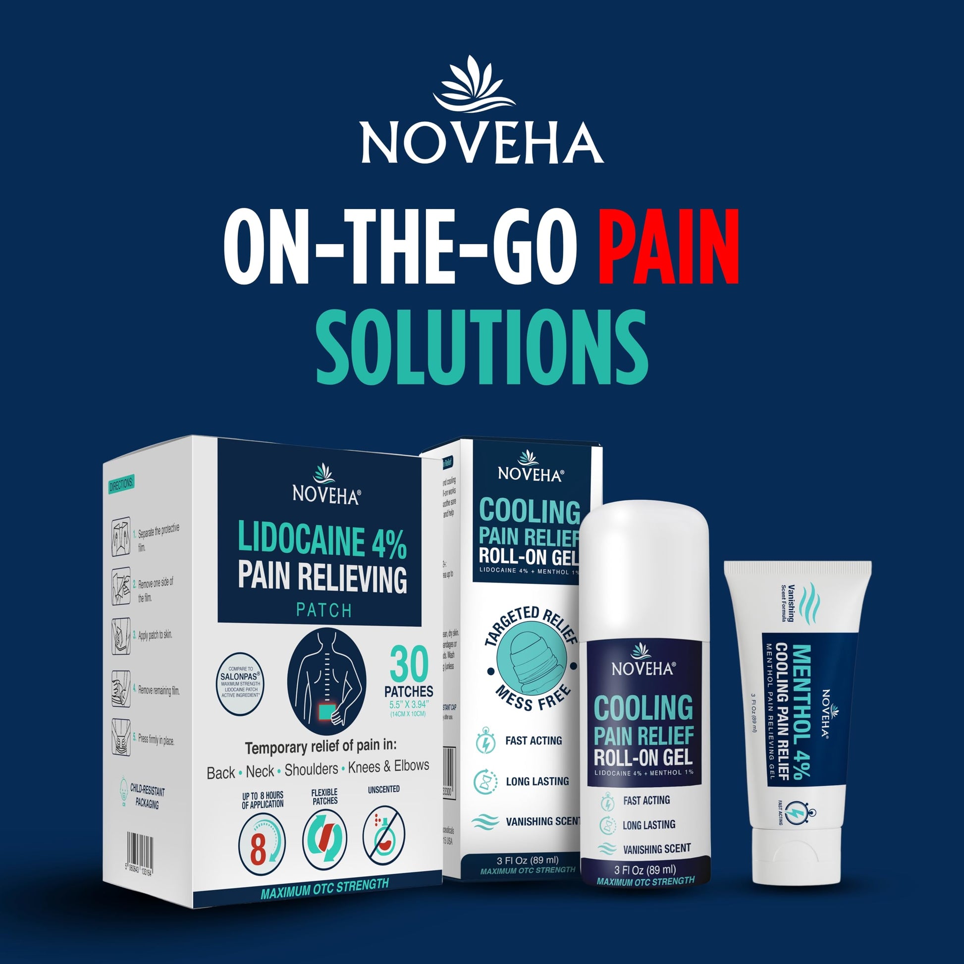 NOVEHA Lidocaine Roll-On Gel 4% | Maximum Strength Temporary Topical Pain Relief for Minor Muscle & Joint Aches | Cooling Formula with Menthol & Arnica | Non-Greasy, Quick-Drying | 2.5 fl oz NOVEHA Au supplements