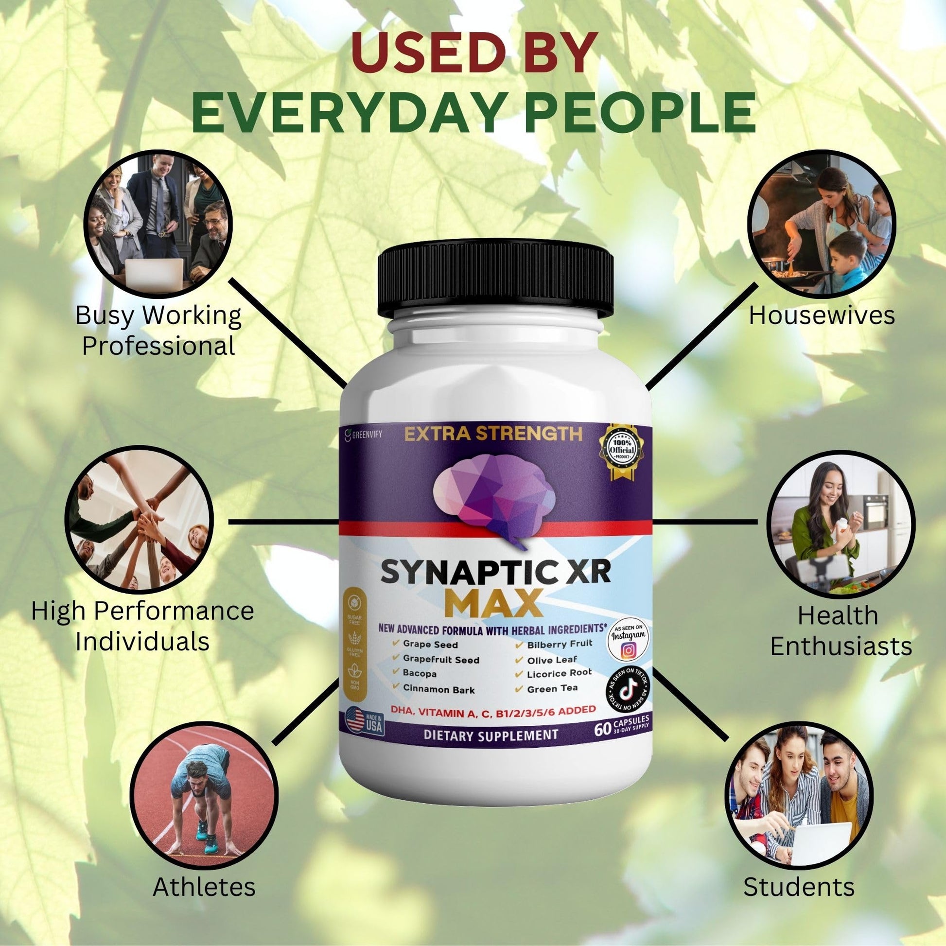 GREENVIFY Synaptic XR Max Extra Strength Brain Support Supplement with Herbal Ingredients, 60 Capsules, DHA Vitamins, Nootropic Formula (1) GREENVIFY Au supplements