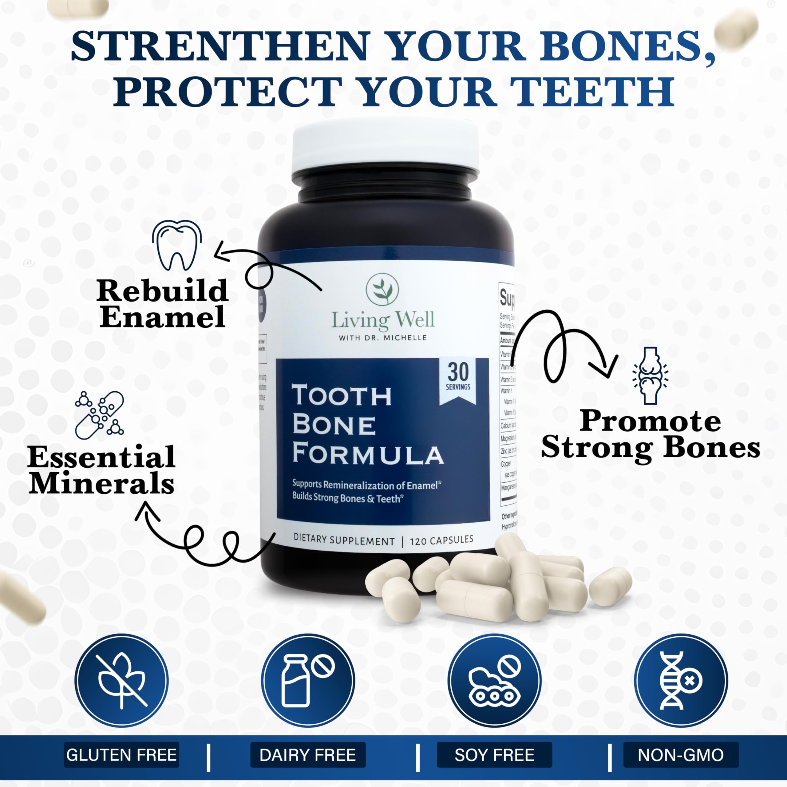 Living Well with Dr. Michelle Tooth & Bone Formula - Supplement with Calcium for Bone Strength & Tooth Enamel Support, D3 + K2, 120 Capsules, Non-GMO, Gluten-Free Living Well with Dr. Michelle Au supplements