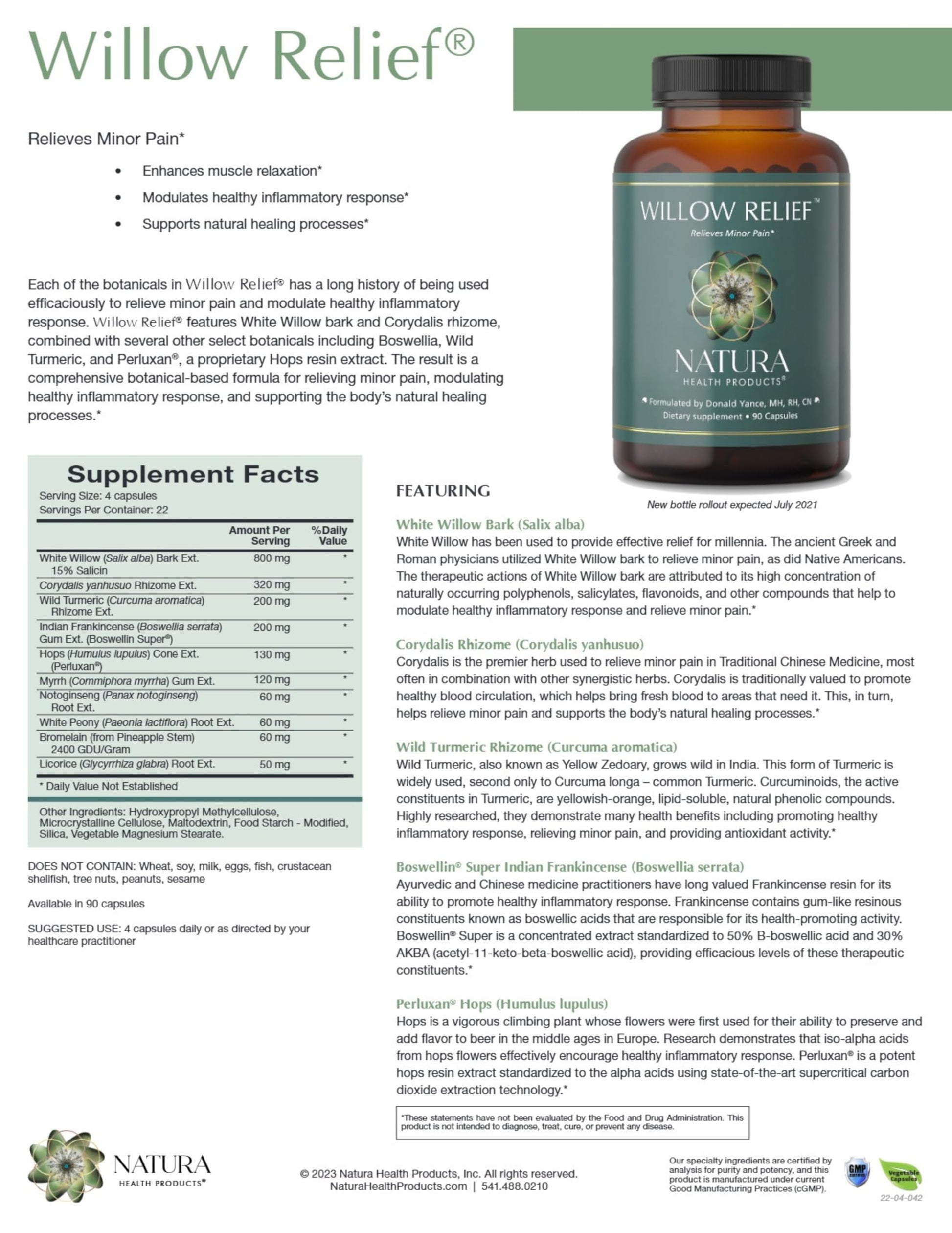 Natura Health Products Willow Relief Supplement - Enhances Muscle Relaxation - Featuring White Willow Bark, Turmeric, Boswellin Super Indian Frankincense, Corydalis Rhizome (90 Capsules) Natura Health Products Au supplements