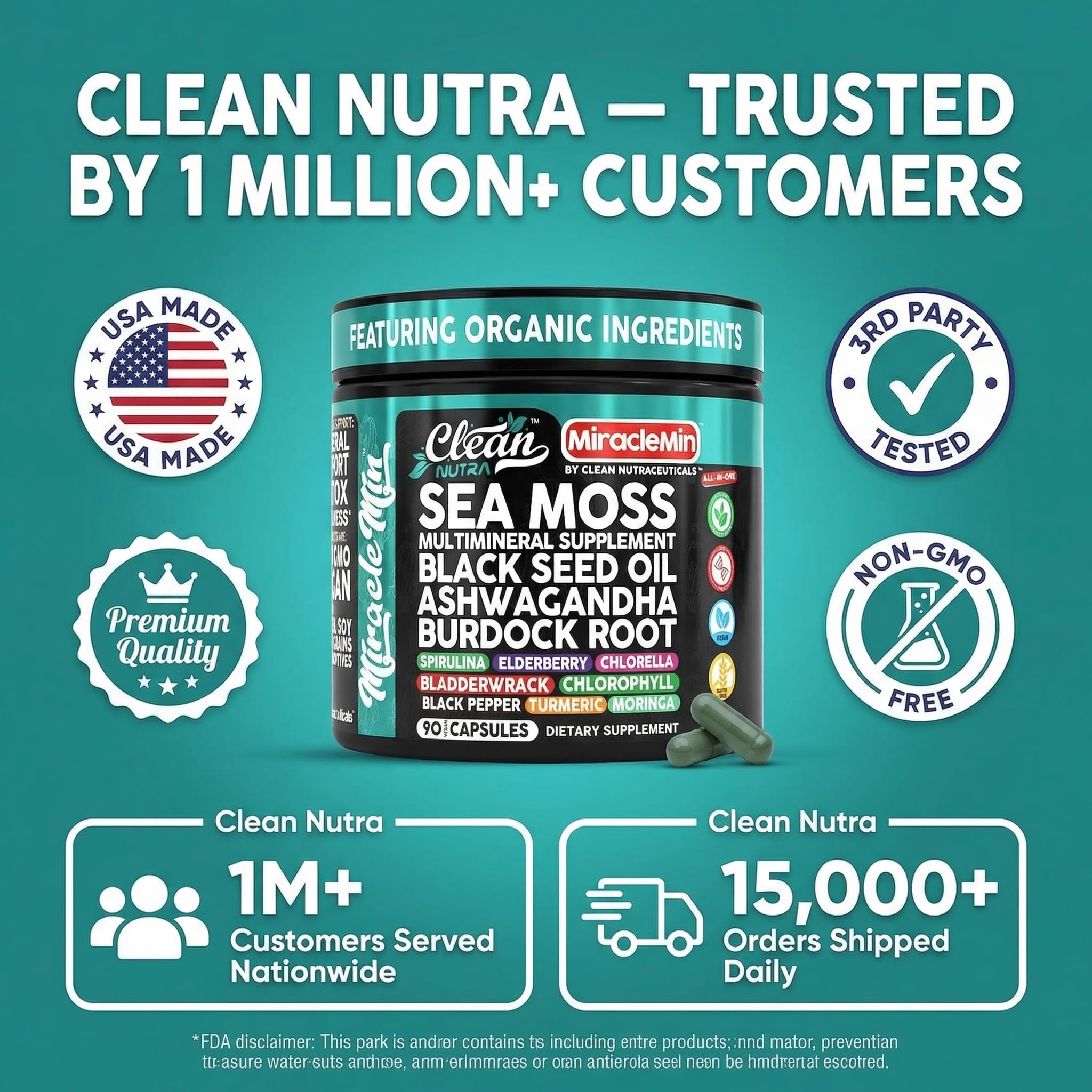 Clean Nutra Organic Sea Moss Capsules with Ashwagandha, Black Seed Oil, Burdock Root, Bladderwrack, Moringa, Chlorella, Spirulina, Turmeric, Elderberry, Amla – 90 Vegan Capsules – MiracleMin Clean Nutraceuticals Au supplements