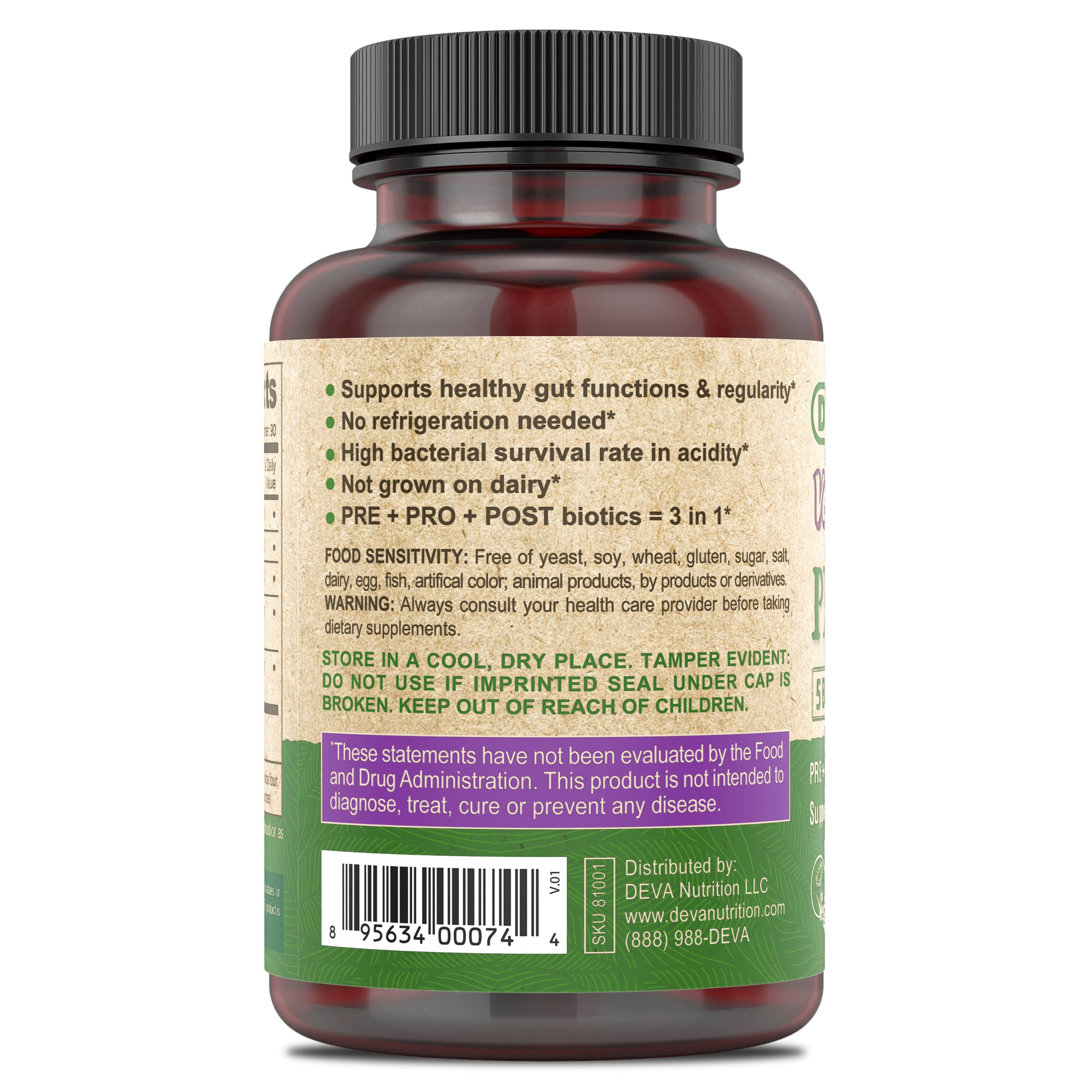 DEVA Vegan Probiotic Supplement - Pre, Pro, and Postbiotics for Digestive Health, 5 Billion CFU, Soil-Based, Spore-Forming, Dairy Free, FOS Prebiotics, for Women and Men, Vegan Capsules, 90 Count DEVA Au supplements