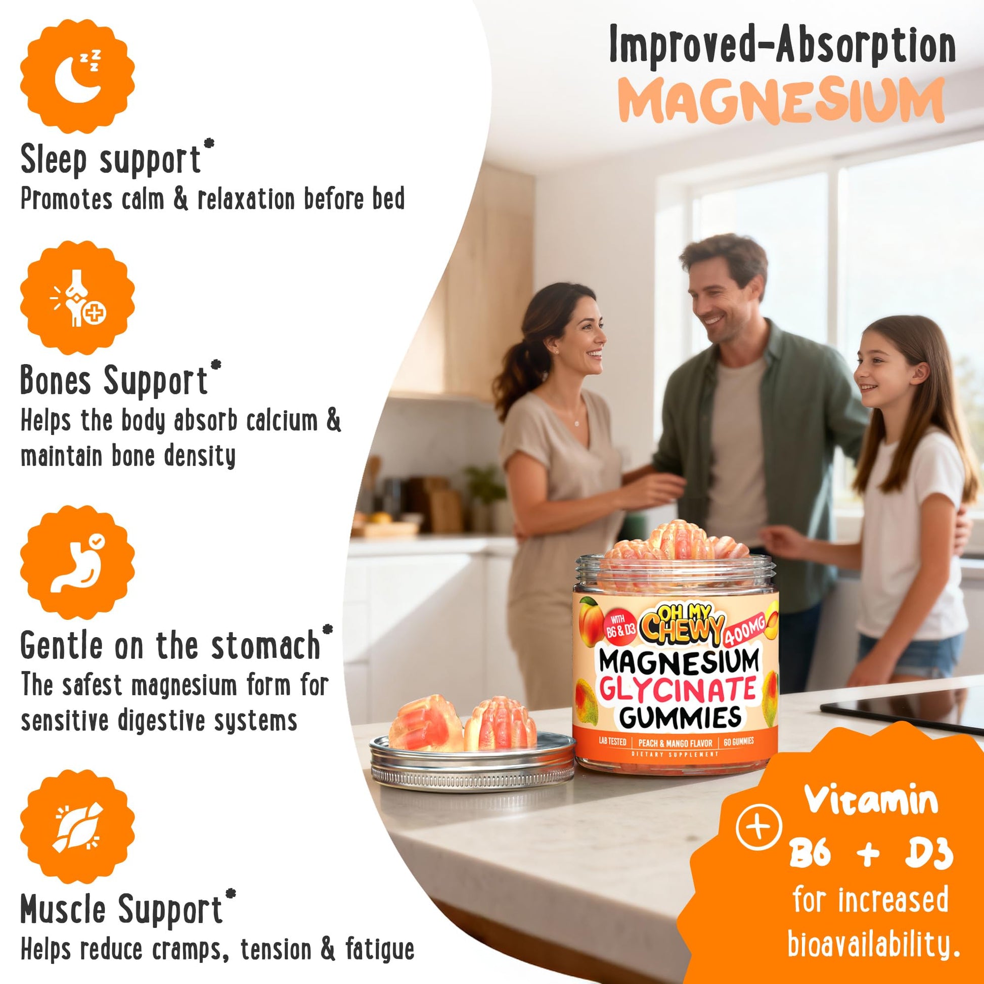 Center-Filled Magnesium Glycinate Gummies 400MG - High Absorption for Kids, Teens & Adults - Supplement for Sleep, Calm & Muscle Relaxation with B6 & D3 - Gluten Free & Vegan Friendly - 60 Count OH MY CHEWY Au supplements