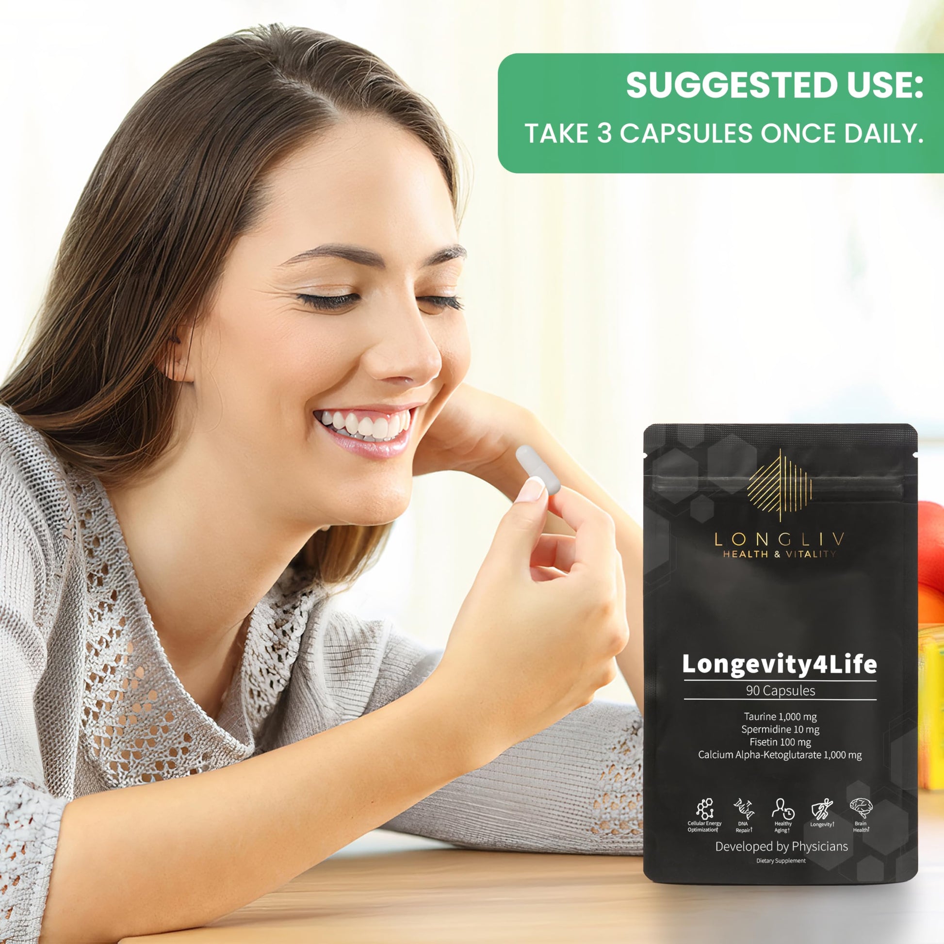 Longevity4Life - Ultimate Cellular Health Supplement - Fisetin, Taurine, Calcium Alpha-Ketoglutarate, and Spermidine Capsules for Longevity and Vitality - Made in USA - Physician Formulated LongLiv Health and Vitality Au supplements