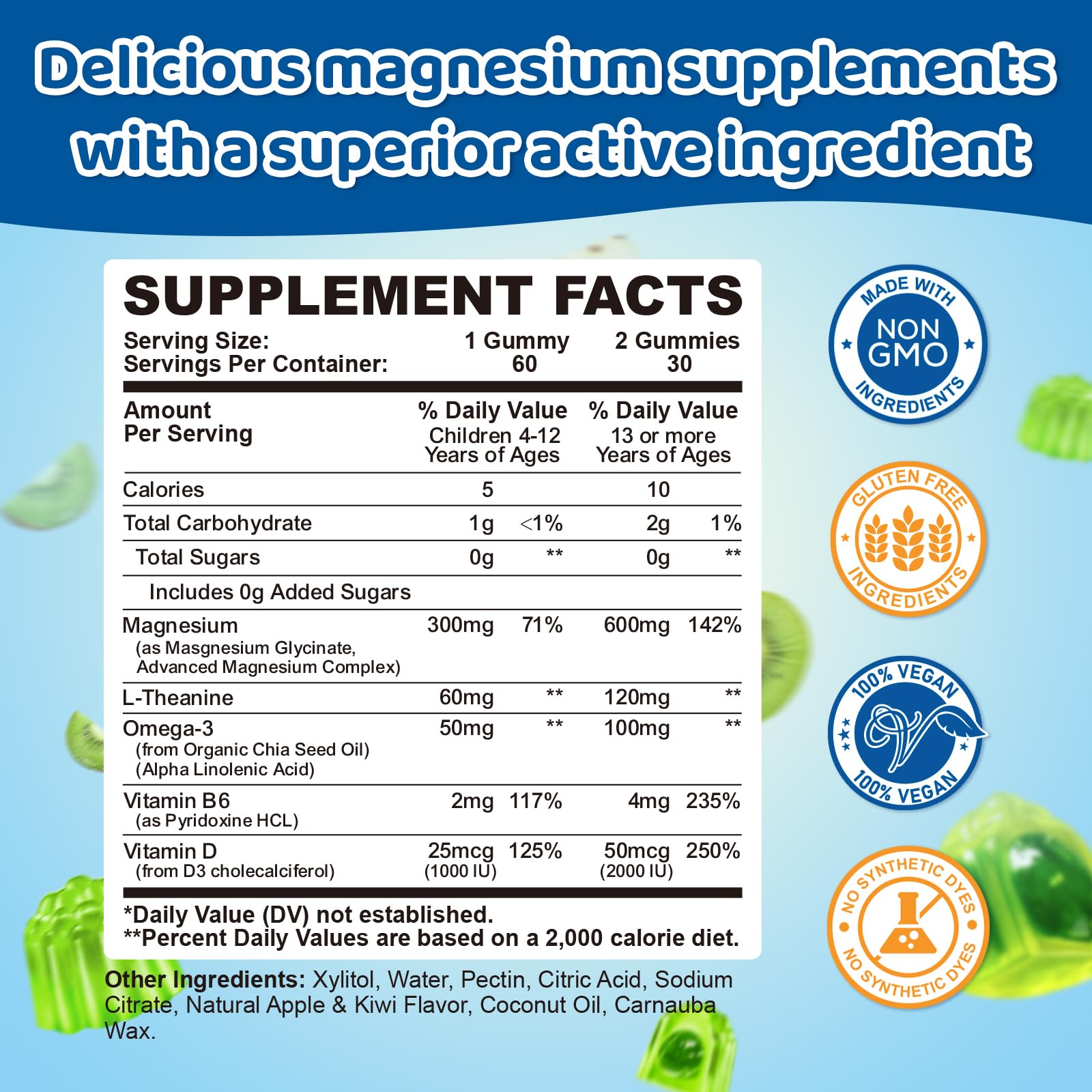 Center-Filled Magnesium Gummies for Kids 300MG - Magnesium Glycinate Gummies with L-theanine, Omega-3, Vitamin B6, D for Kids & Adults, Supplement for Sleep, Calm & Muscle Relaxation - Apple & Kiwi CNCHEF Au supplements