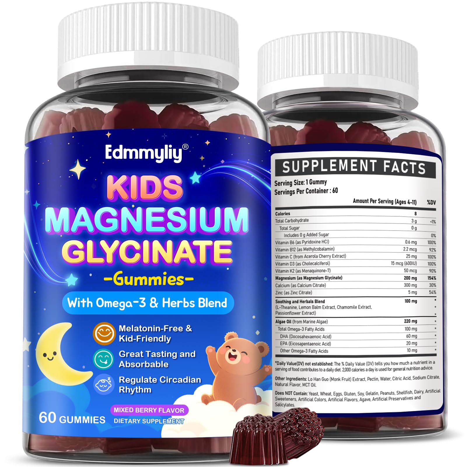 Kids Magnesium Glycinate Gummies - Magnesium Glycinate Supplement 200mg with L-theanine Omega-3 Calcium Vitamin D3 & B12 for Kids Natural Zzz at Bedtime & Overall Health - Sugar Free & Non-GMO Edmmyliy Au supplements