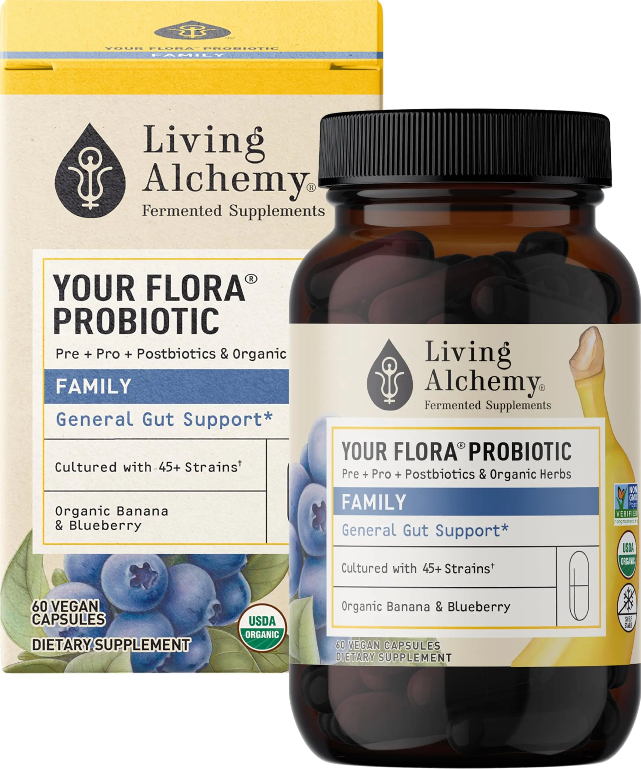 Your Flora Probiotic Family – Non-GMO Probiotics with Fermented Soybean, Banana, & Blueberry for Digestion & Gut Support – Prebiotics, Postbiotics, Digestive Enzymes – Living Alchemy, 60 Capsules Living Alchemy Au supplements