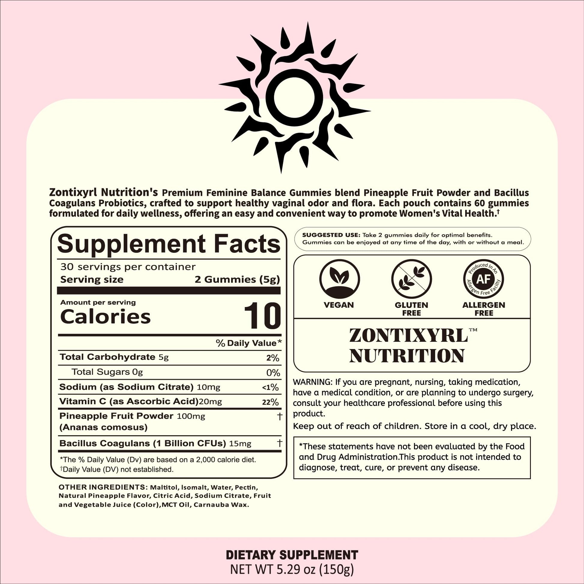 Zontixyrl Premium Feminine Balance Gummies Women - Pineapple Gummies for Women pH Probiotic and Immune Support Vegan Gluten Free 60 Gummies 30 Servings Zontixyrl Au supplements