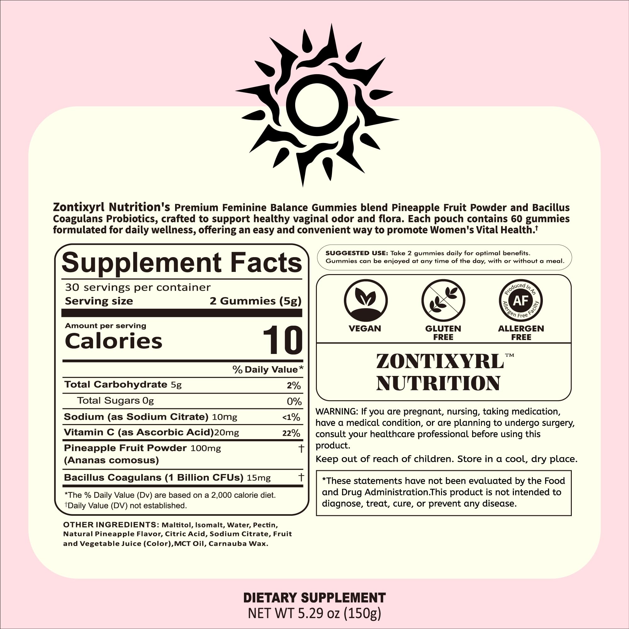 Zontixyrl Premium Feminine Balance Gummies Women - Pineapple Gummies for Women pH Probiotic and Immune Support Vegan Gluten Free 60 Gummies 30 Servings Zontixyrl Au supplements