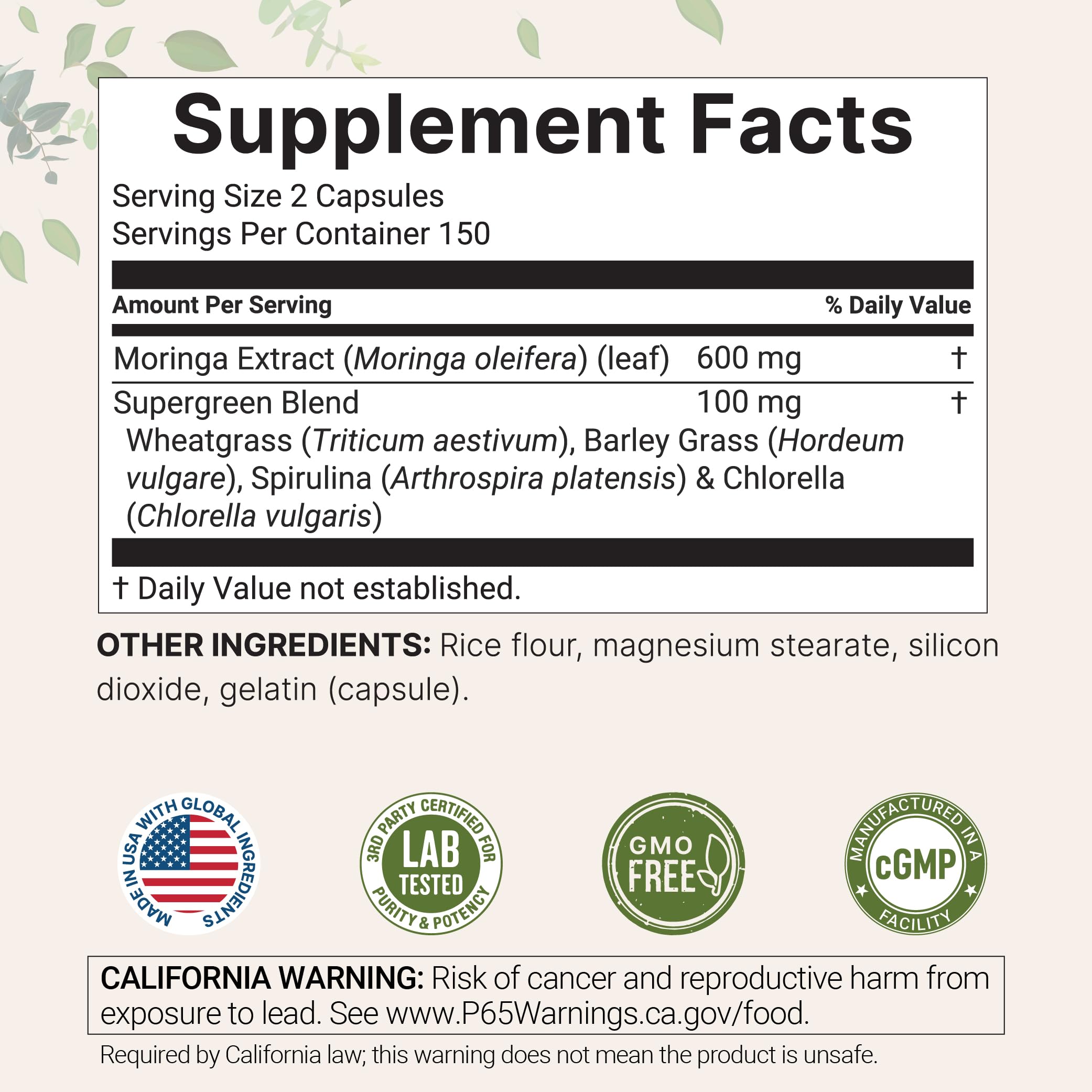 Micro Ingredients Moringa Oleifera | 300 Capsules with Supergreens Blend of Wheatgrass, Barley Grass, Spirulina, & Chlorella | Antioxidant Supplement, Energy, & Immune Support | Non-GMO Micro Ingredients Au supplements