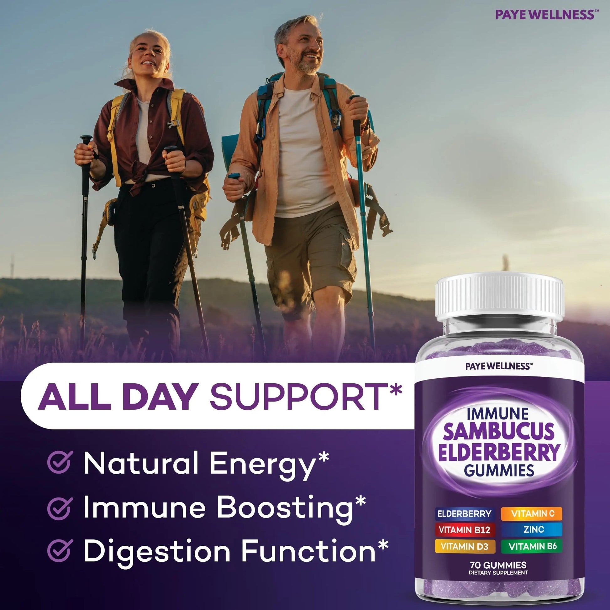 Elderberry Gummies Immune Support, Daily Support for Kids and Adults*, with Sambucus Elderberry, Zinc, Vitamin C, D3, B6, B12, Plus PAYÉ Au supplements