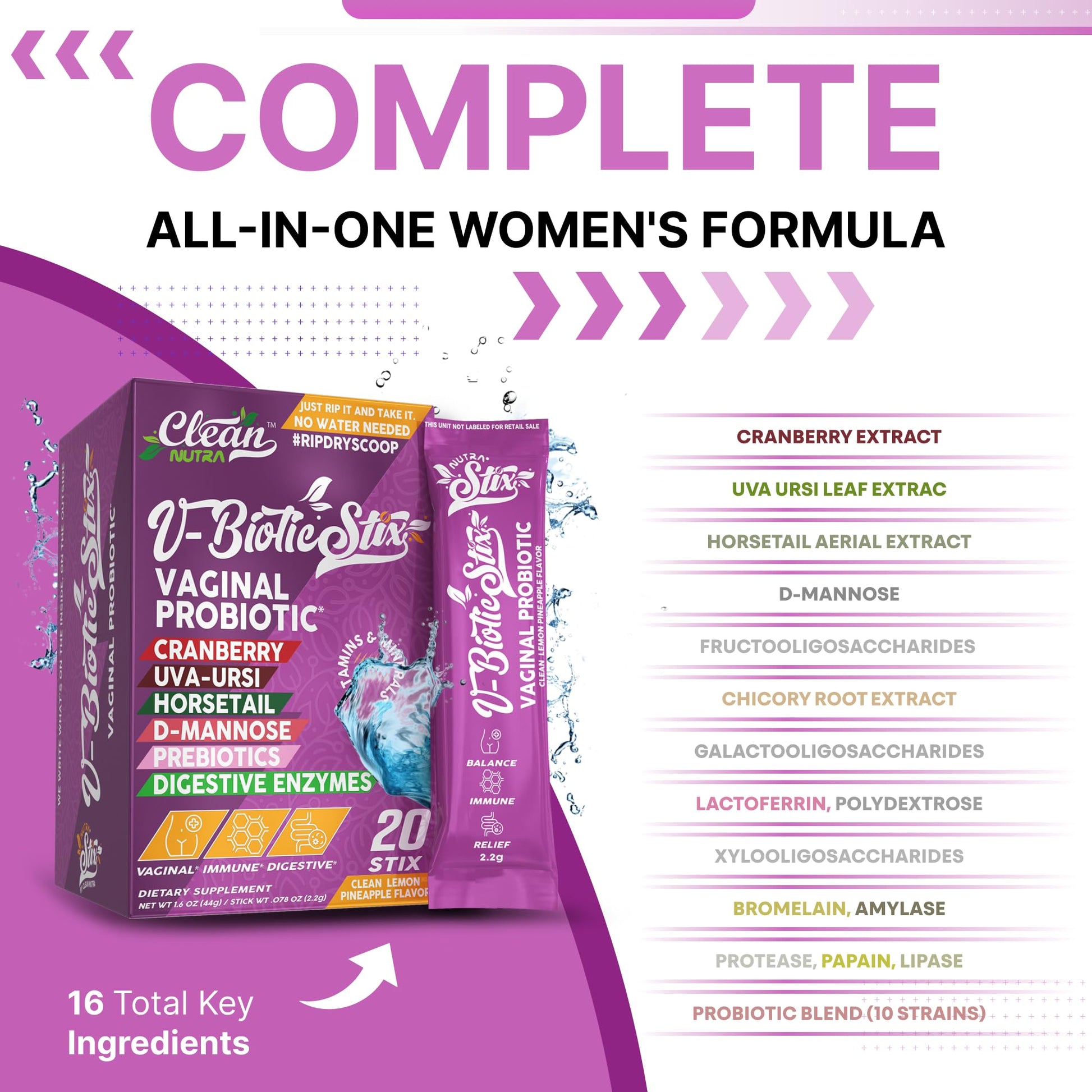 Clean Nutraceuticals Vaginal Probiotics for Women with Cranberry Extract, D-Mannose, Prebiotics, pH Balance for Women, Vaginal Health – Womens Probiotic Alternative to Gummies - 20 Stix Clean Nutraceuticals Au supplements