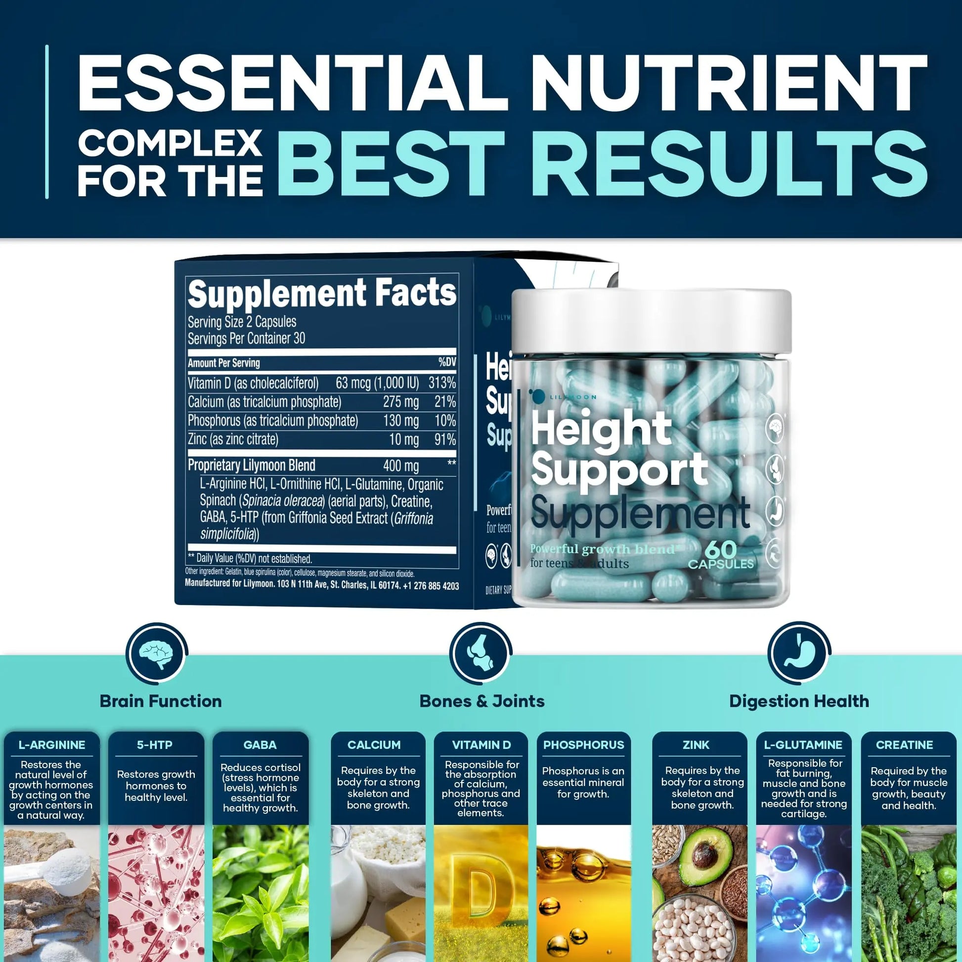 Height & Bone Support Supplement - Premium Height Growth Supplement for Kids & Teens with Calcium - Nutritional Support Bone Health Formula - Height Increase Essential Vitamins - 60 Caps LM LILYNUTRAMOON Au supplements