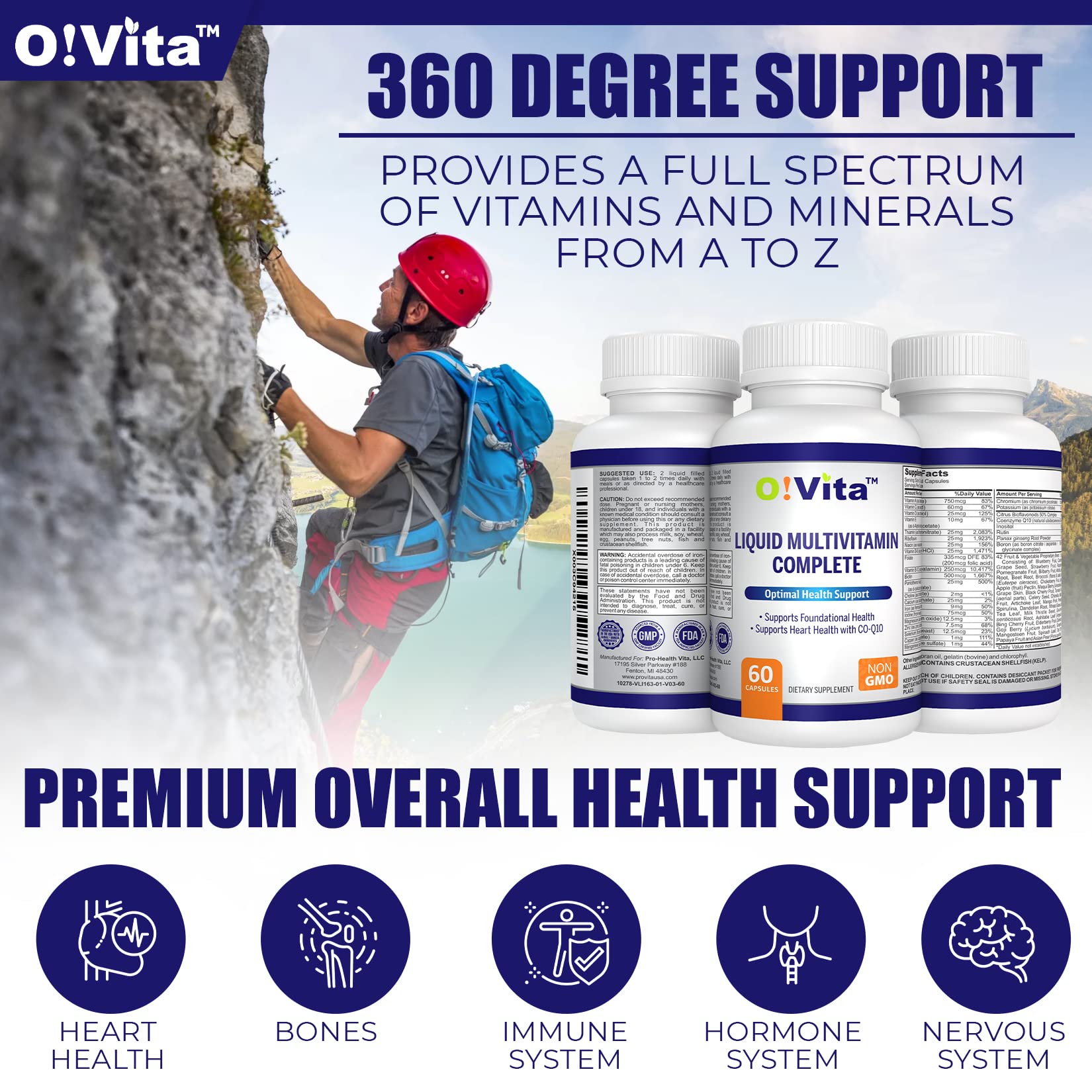 O!VITA Liquid Multivitamin Complete, with a Full Spectrum of Vitamins and Minerals, Plus 42 Fruits and Vegetable Proprietary Blend, Easy Absorption (60 Vegan Liquid Filled Capsules) O!VITA Au supplements