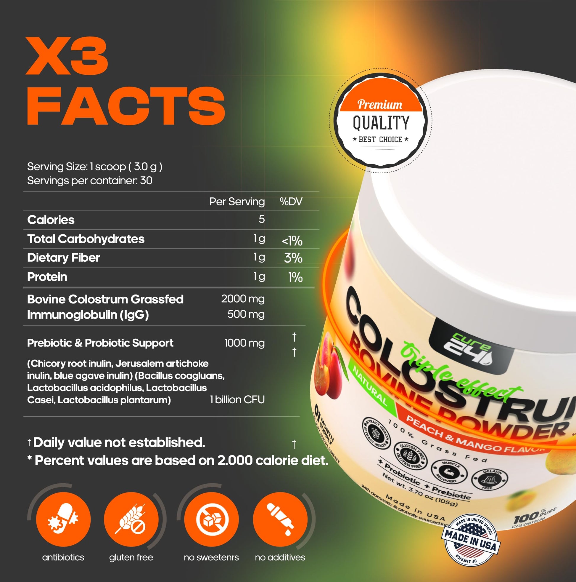 Cure24 Bovine X3 Colostrum Supplement Powder for Humans, 100% Pure Whole Natural Grass Fed Superfood, High IgG, Plus Probiotic & Prebiotic, Natural Peach-Mango Flavor, Made in USA Cure24 Au supplements
