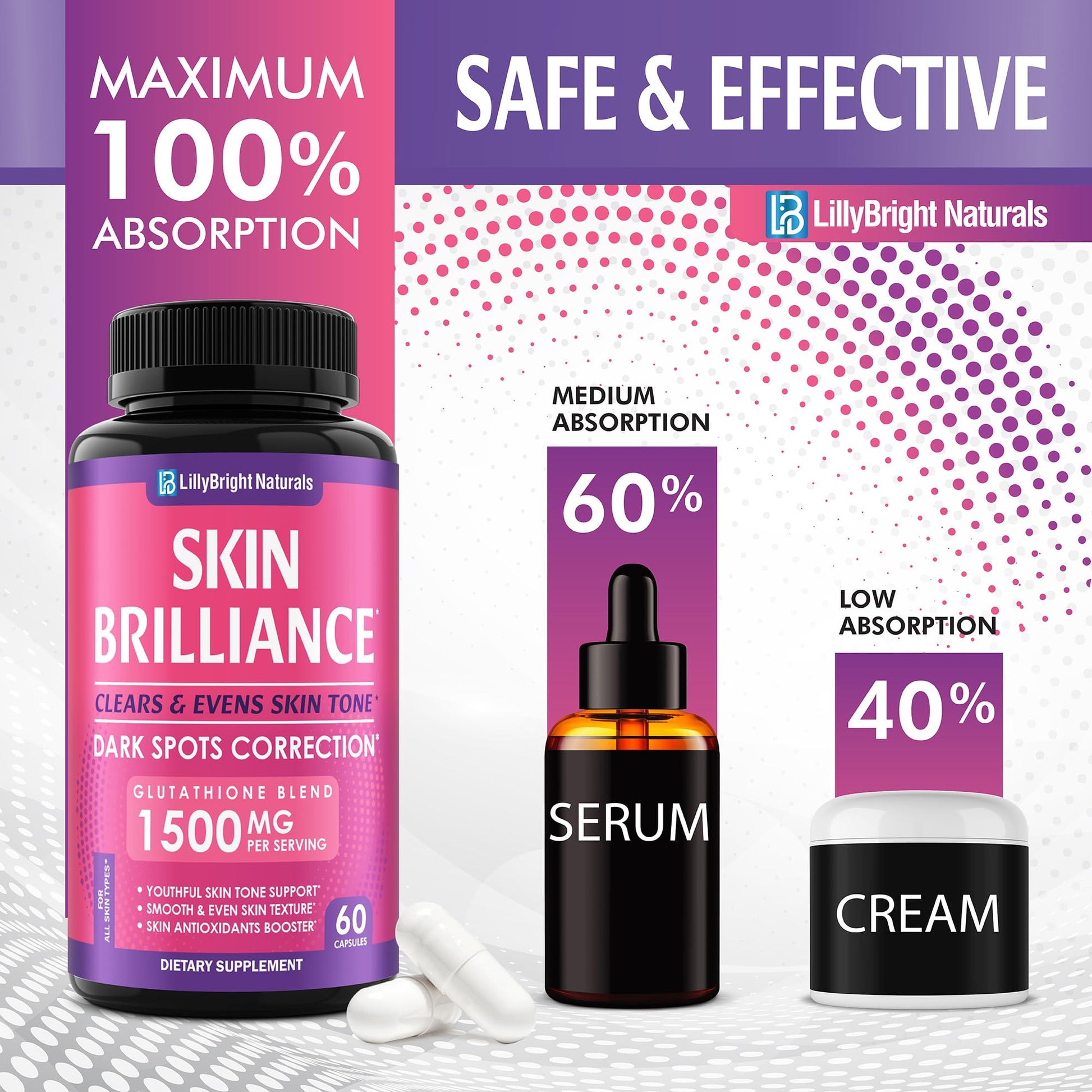 Glutathione Capsules - 1,500mcg L-Glutathione Supplement with Vitamin C - Skin Tone Enhancer - Targets Dark Spots & Acne Marks - Antioxidant Supplement for Beauty & Health Support - 60 Skin Pills LB LILLYBRIGHT NATURALS Au supplements