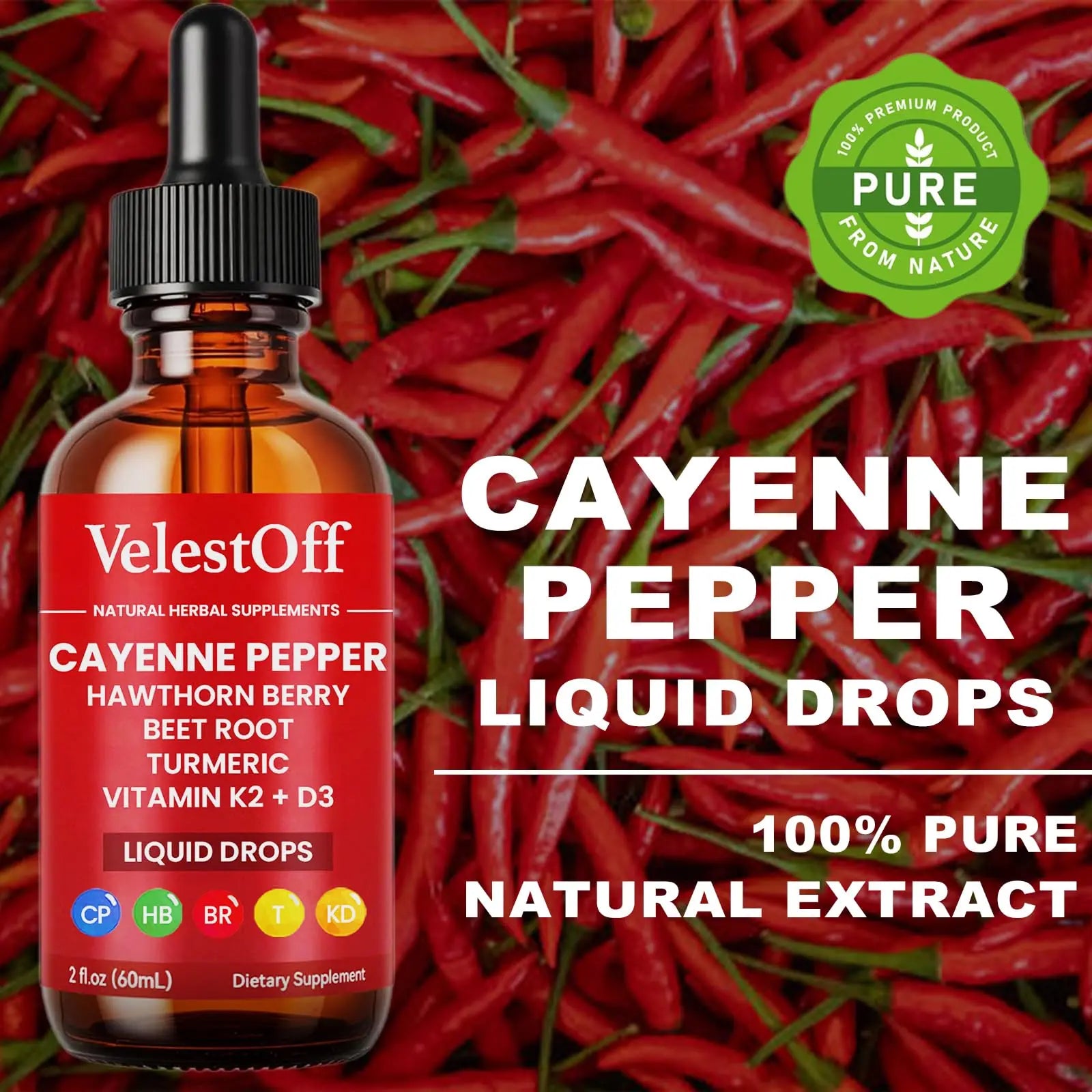 Velestoff Cayenne Pepper Drops, Cayenne Circulation Blend with Hawthorn Beet Root Turmeric Vitamin K2 D3 - Vegan, Non-GMO - 2FL.OZ (1 PCS) Velestoff Au supplements