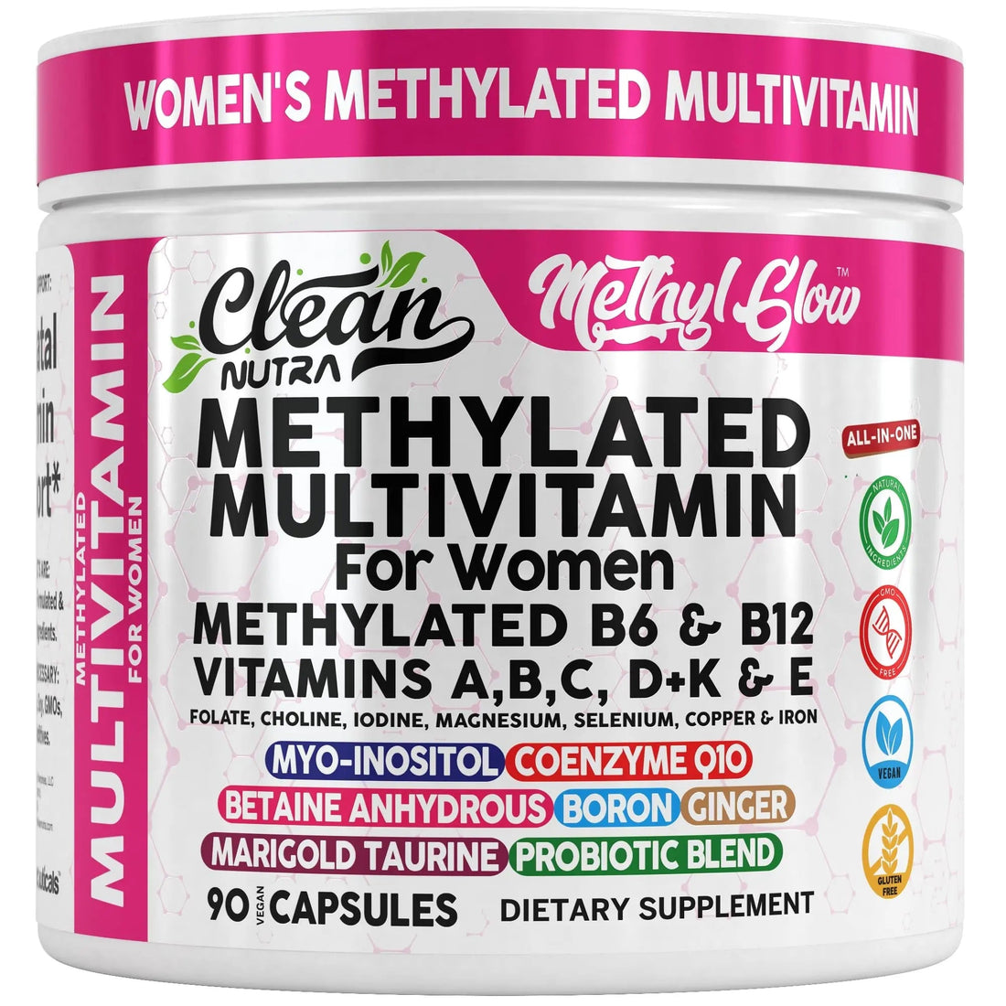Methylated Multivitamin for Women Vitamins B6 Methyl B12 A B C D K E Folate Choline Omega 3 Thiamine Riboflavin Iron Clean Nutraceuticals