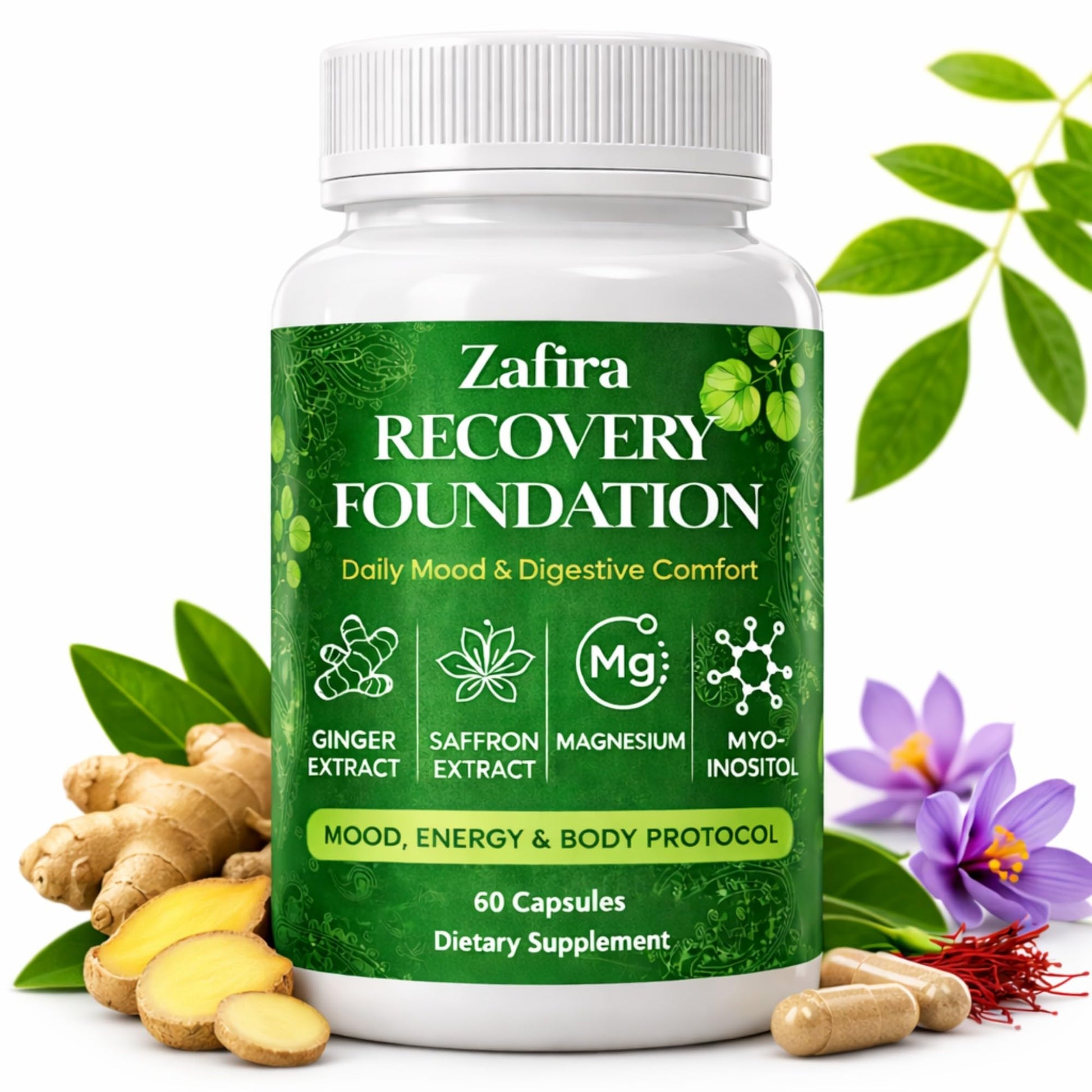 DYDUON Zafira Recovery Foundation Capsules – Mental Clarity, Hair & Mood Support, Natural Herbal Formula with Saffron Extract, Ginger Extract, L-Theanine, Myo-Inositol, Non-GMO, 60 Capsules DYDUON Au supplements