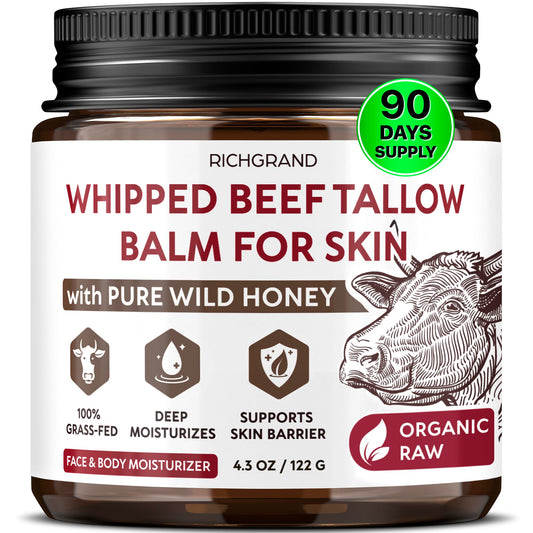 RICHGRAND Beef Tallow for Skin - Whipped Tallow and Honey Balm - Grass Fed Beef Tallow for Face, Daily Moisturizer & Body Butter RICHGRANDUS supplements