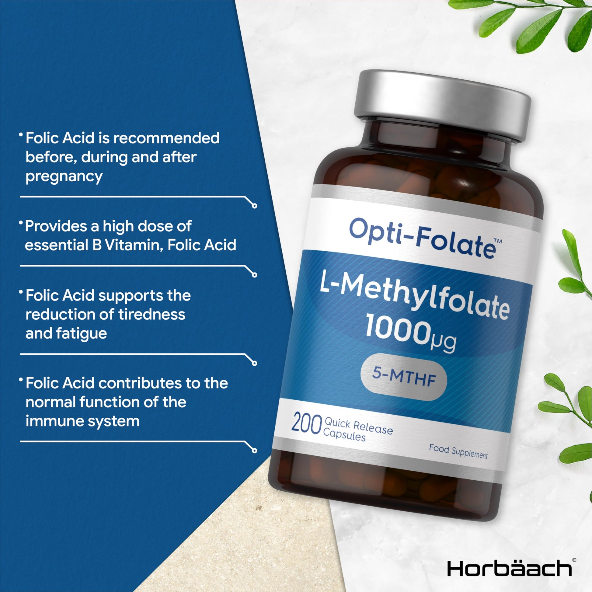 L-Methylfolate 1000ug | 200 Capsules | 5-MTHF Folate Supplement | Active Form Horbäach Au supplements