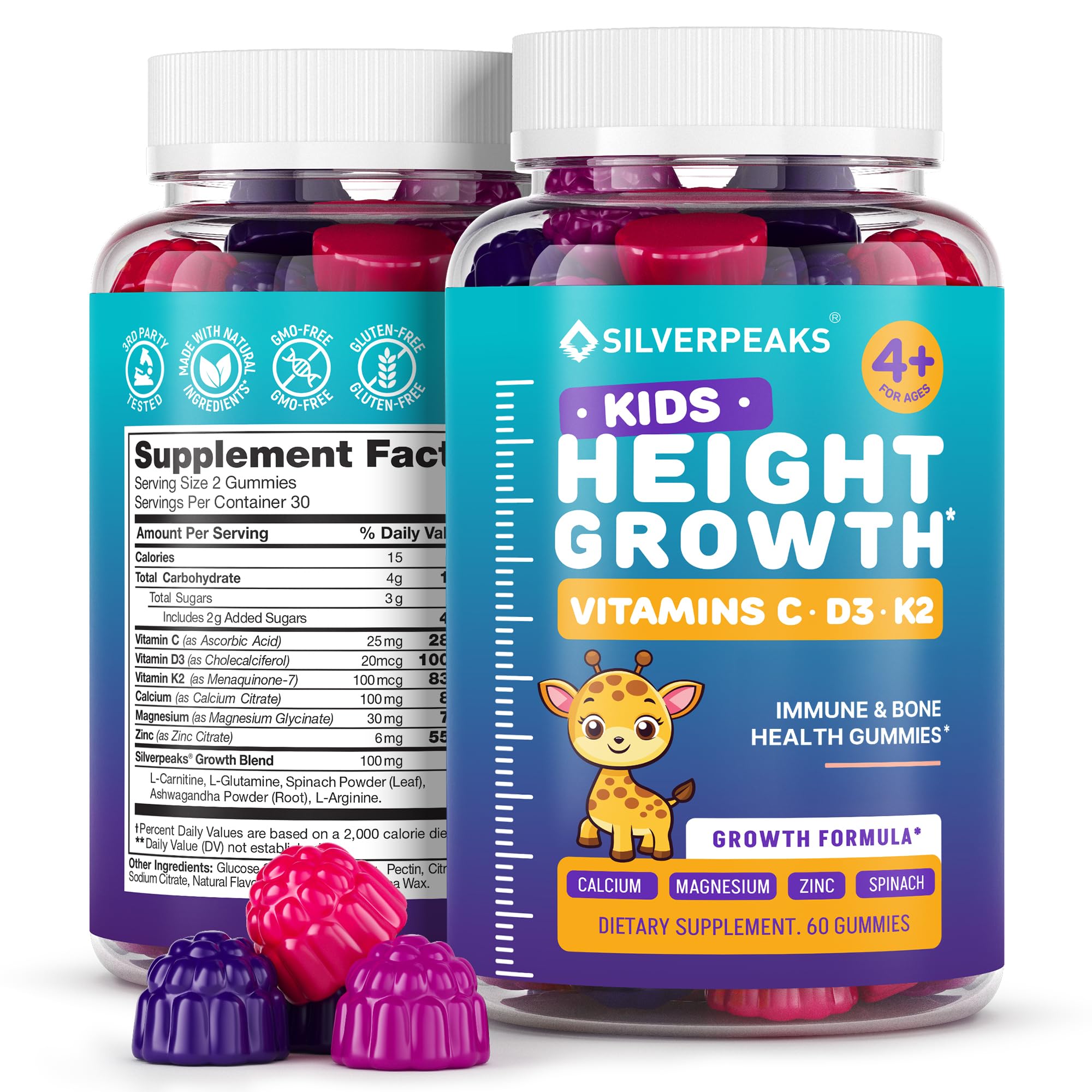 Height Growth Gummies for Kids - Growth Vitamins for Teens, Height Increase Multivitamin for Boys & Girls with Calcium Vitamin D C K2 Magnesium Zinc, Natural Height Growth Maximizer Supplement, 60 PCS SILVERPEAKS Au supplements