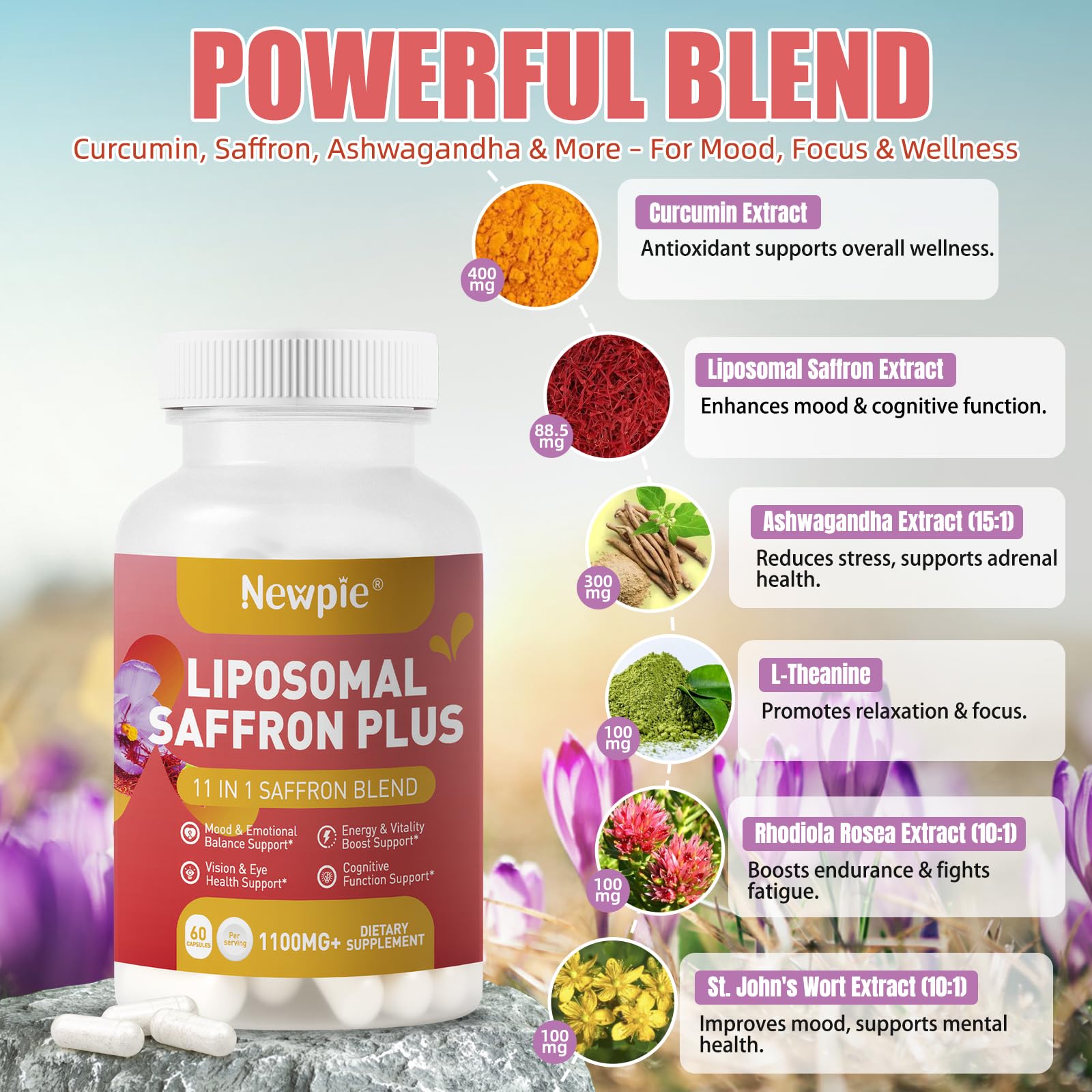 Newpie Saffron Supplements - 100% Pure Saffron Extract Capsules - Natural Mood Enhancer, Supports Eye & Heart Health, Boosts Energy - Premium Supplement for Women & Men（60 Servings (2) Newpie Au supplements