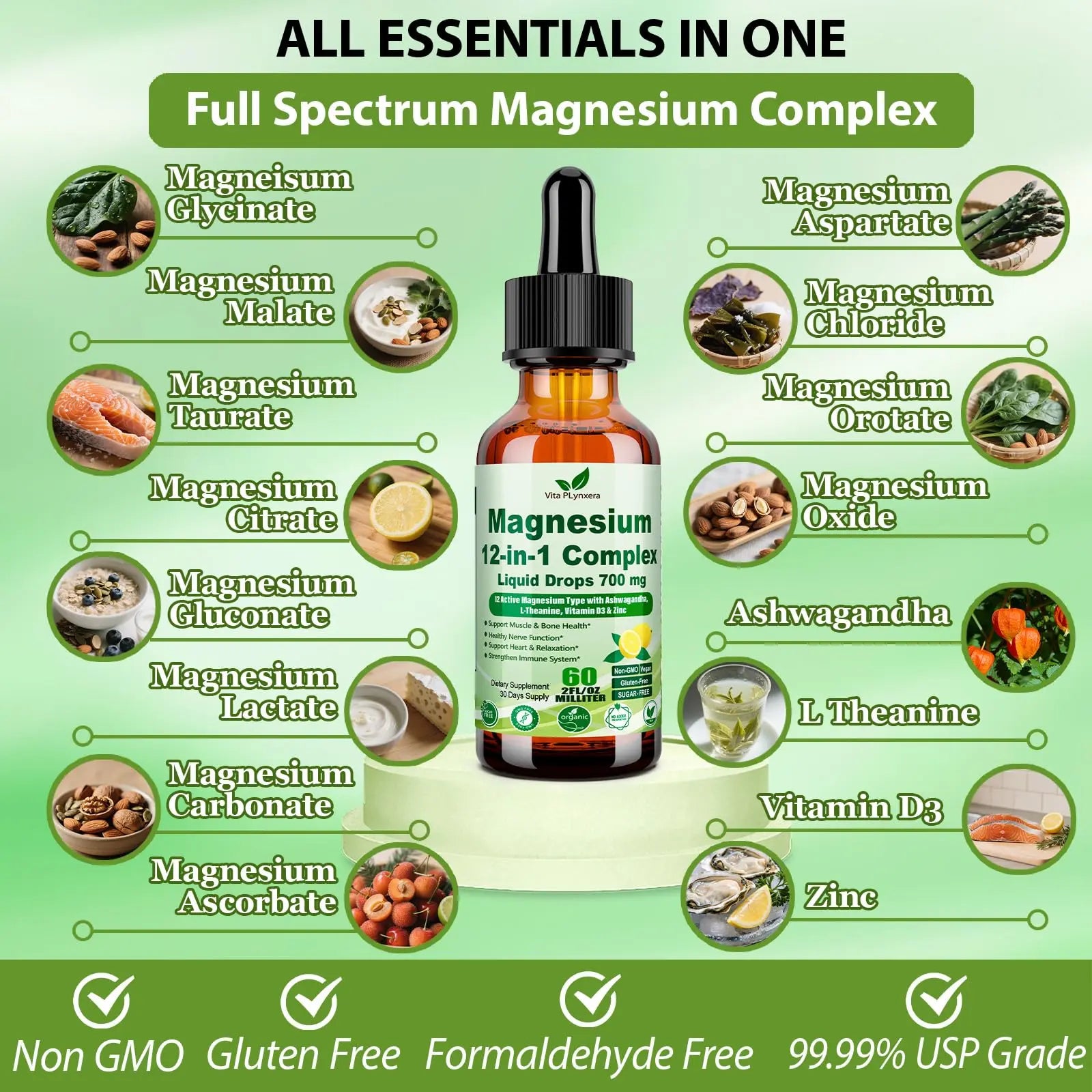12-in-1 Magnesium Complex Liquid Drops, Chelated Magnesium Citrate Glycinate Taurate Malate Aspartate w. Ashwagandha Theanine D3 & Zinc for Relaxation Sleep Immune Health & Muscle Function丨Women Men. Vita PLynxera Au supplements